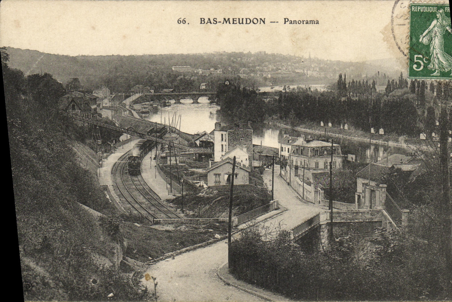 Tren bajo del panorama de Meudon de la POSTAL de la VENDIMIA