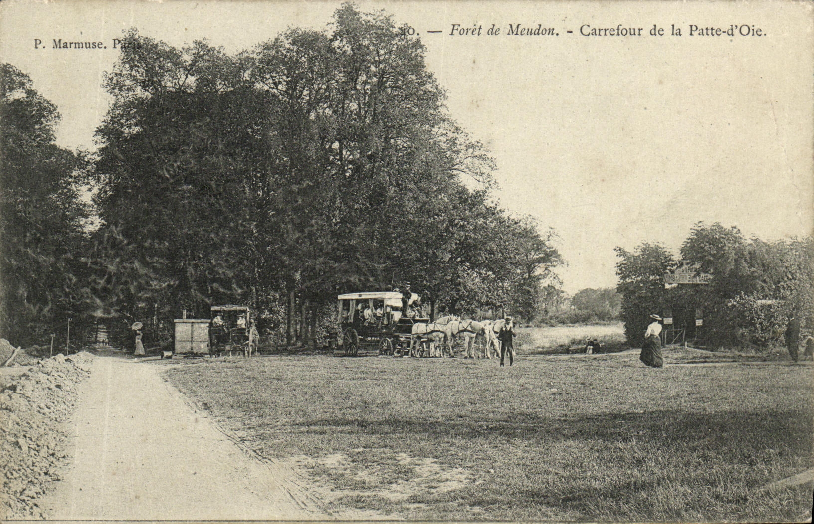 Taladro de la POSTAL de la VENDIMIA de la encrucijada de Meudon de los caballos del birlocho del ganso de la pierna D