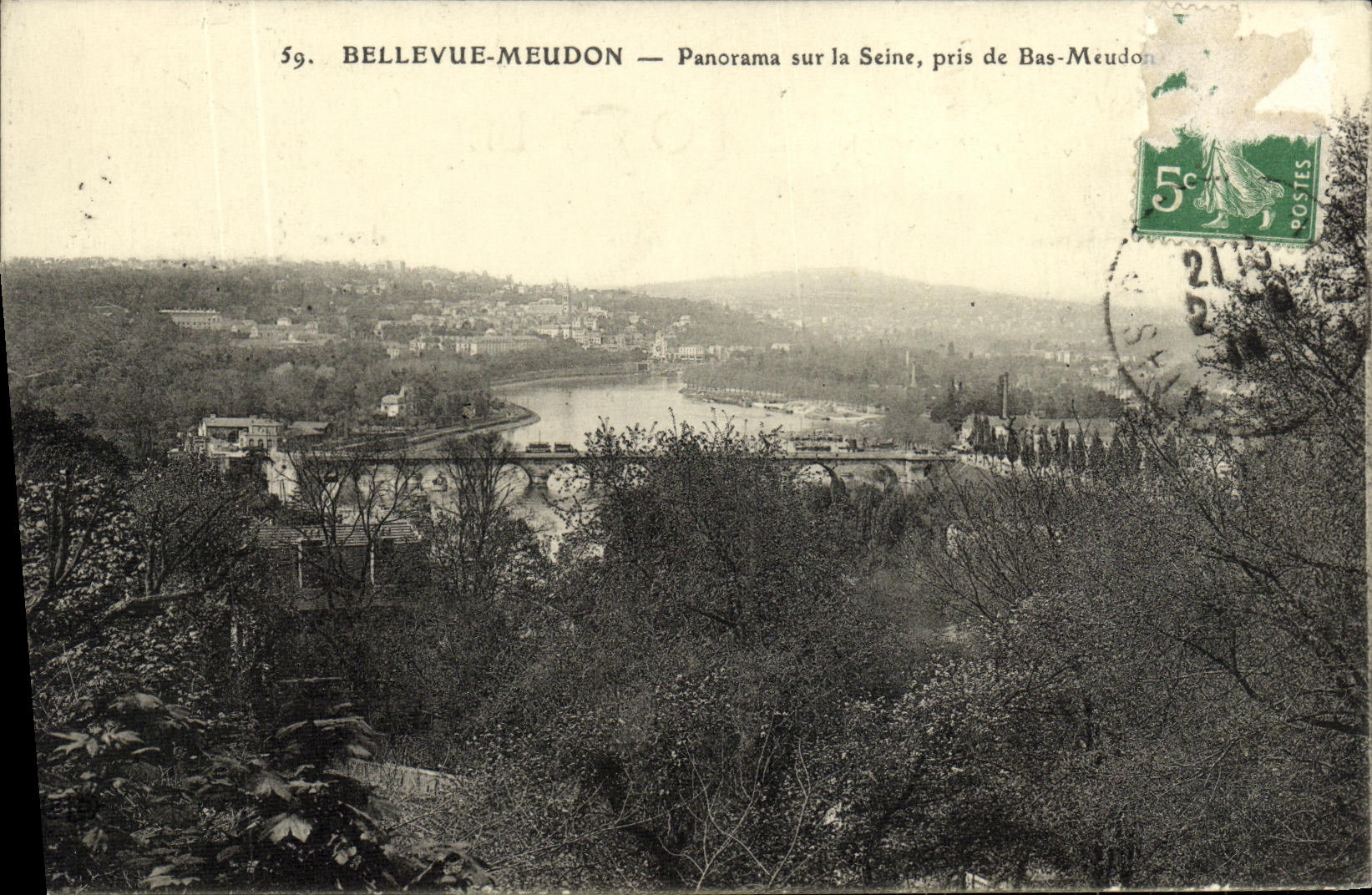 Panorama de Bellevue Meudon de la POSTAL de la VENDIMIA en el Seine tomado de Meudon bajo