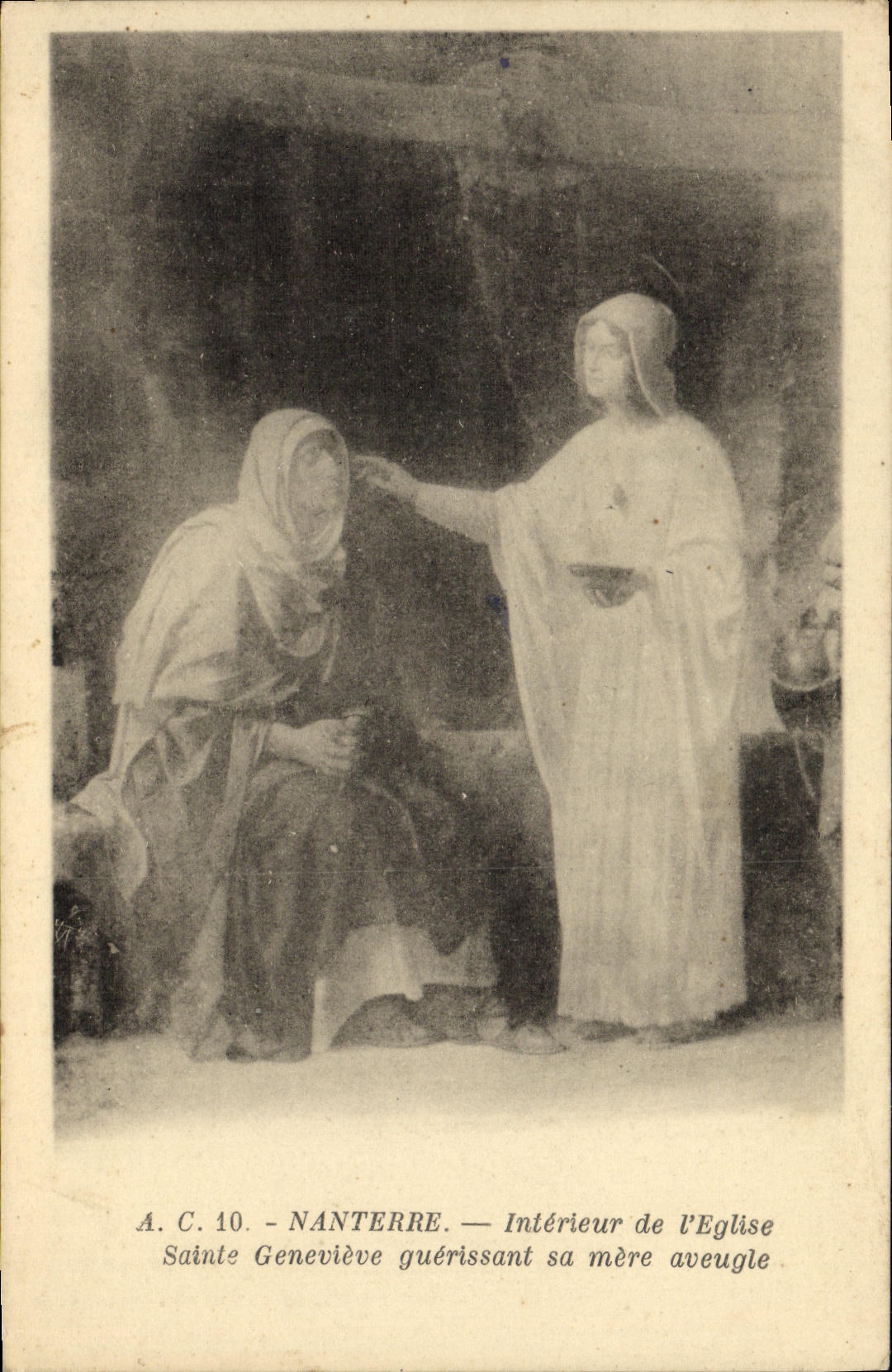 VINTAGE POSTCARD Nanterre Interior of L Church Sainte Genevieve curing her blind mother