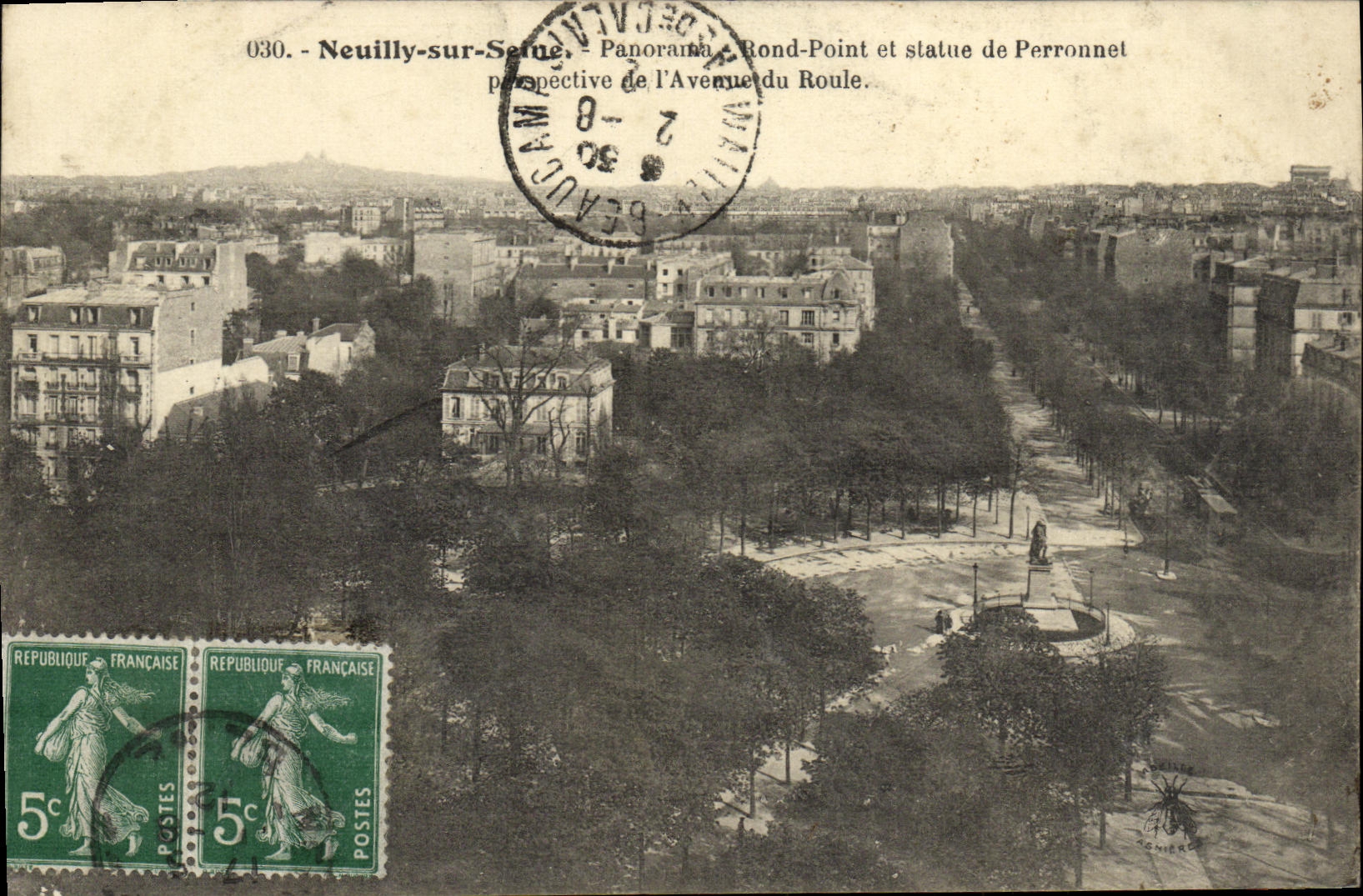 VINTAGE POSTCARD Neuilly sur Seine Round Panorama point and perspective statue of Perronnet of L avenue of Rolls
