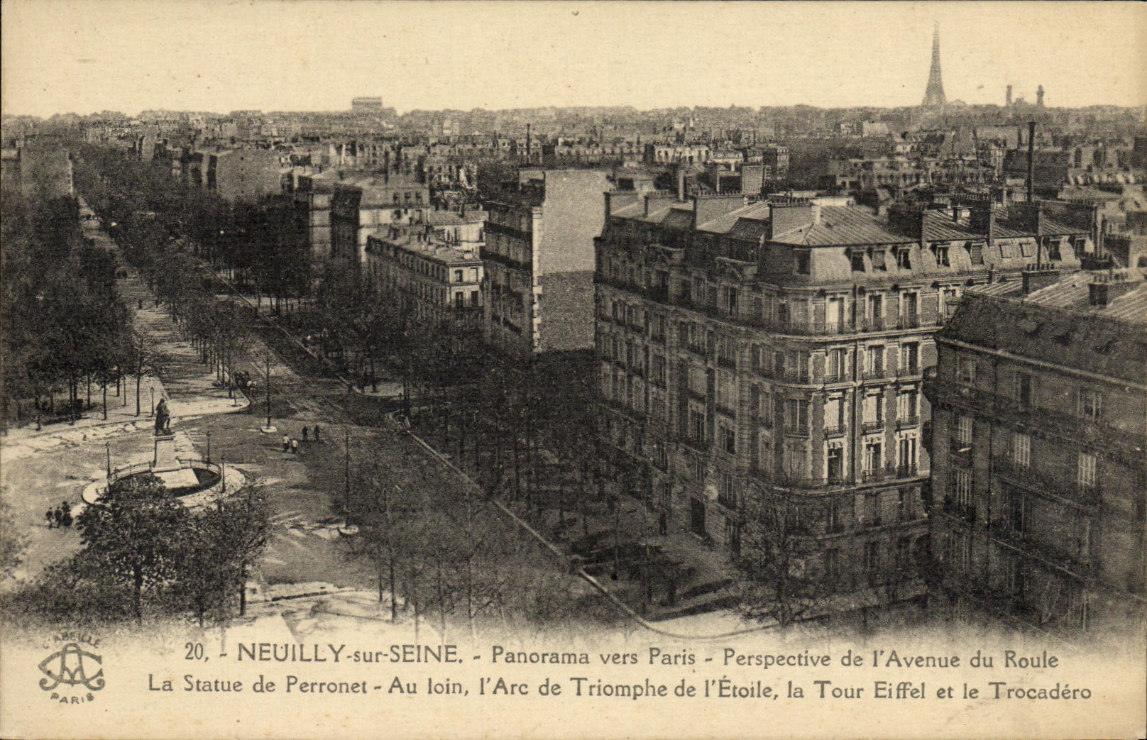 CPA Neuilly Sur Seine Panorama vers Paris Perspective de l avenue du Roule La statue de Perronnet
