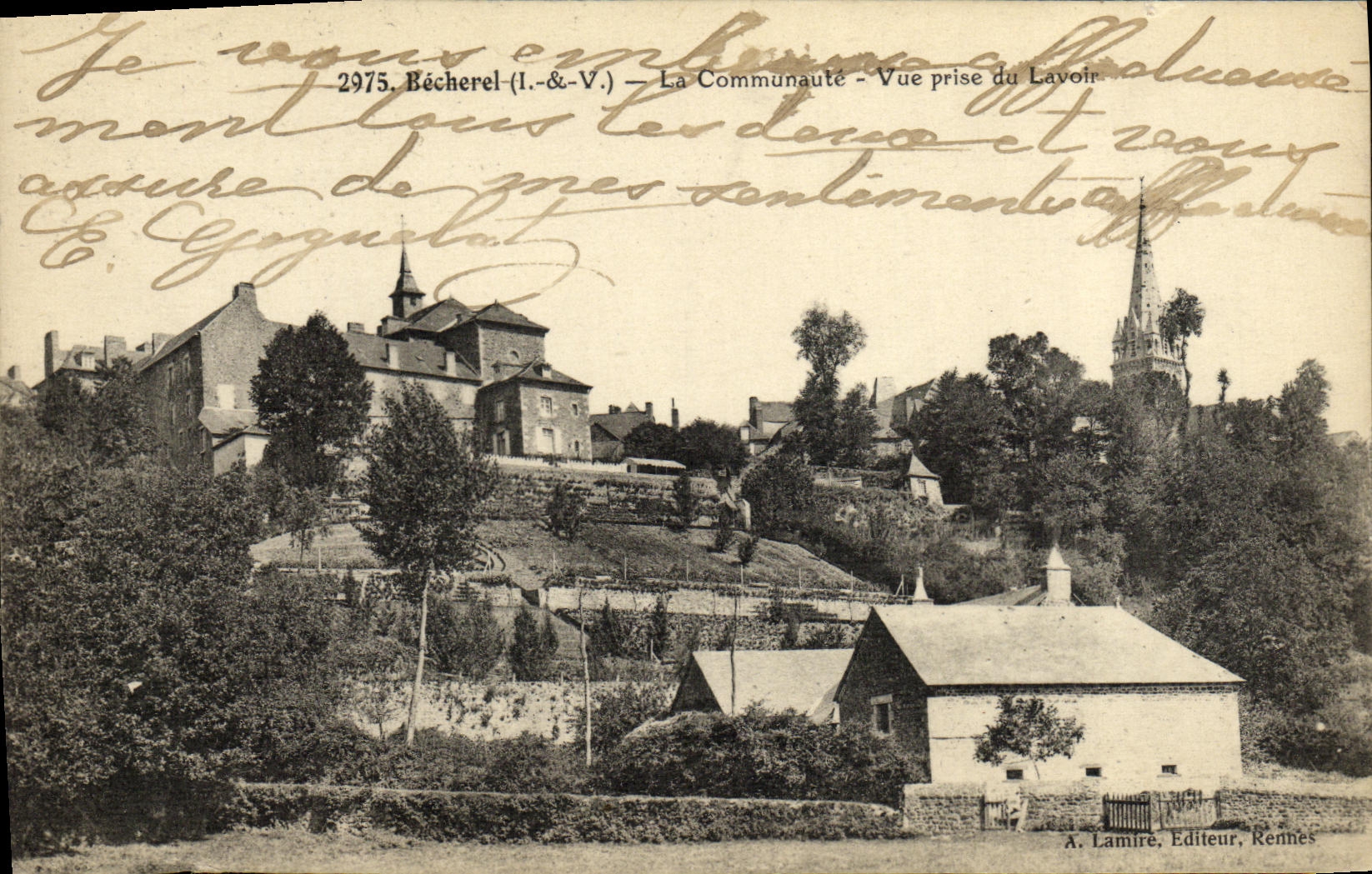 VINTAGE POSTCARD Becherel the Community Seen from of the Lake