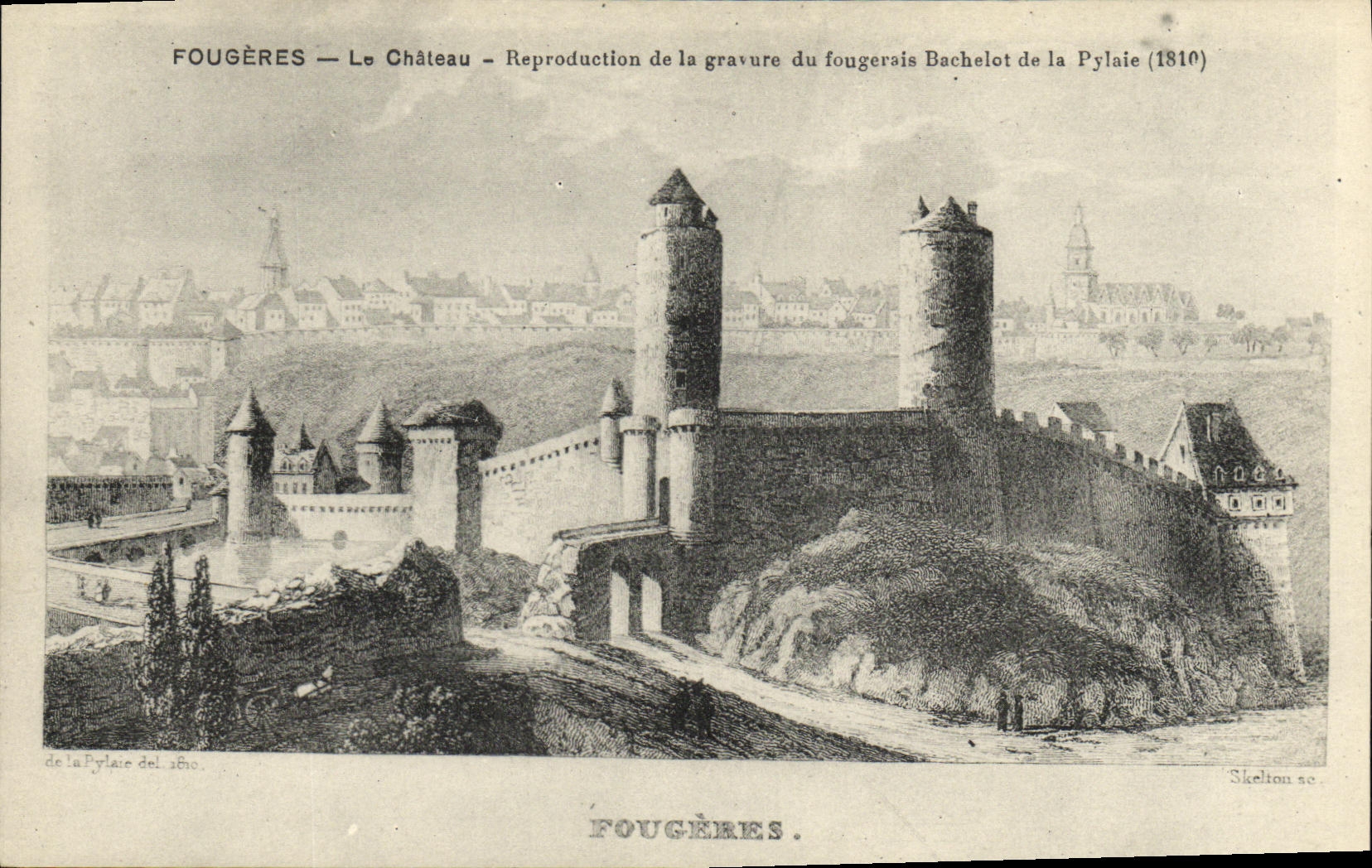 VINTAGE POSTCARD Fougeres the Reporduction Castle of the engraving of would plow up Bachelot of Pylaie 1810