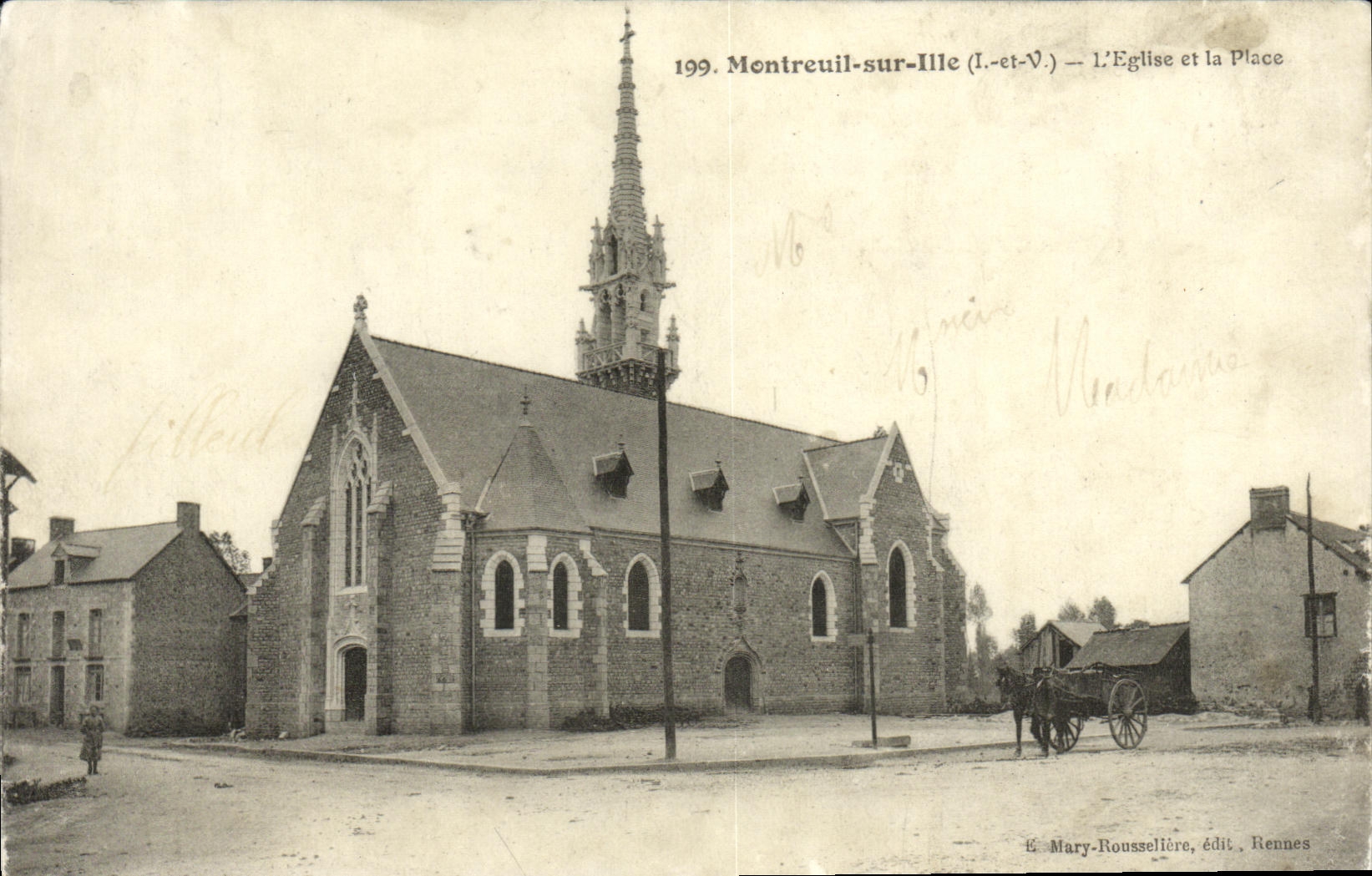 VINTAGE POSTCARD Montreuil On Ille L Church and the Place