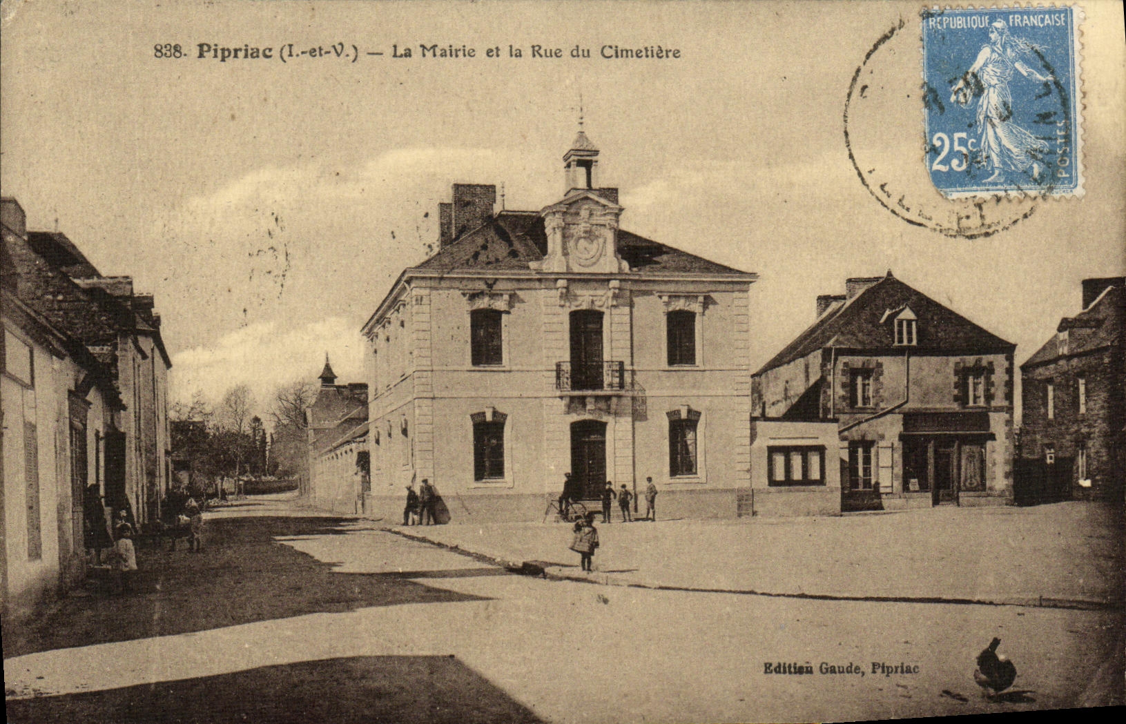 VINTAGE POSTCARD Pipriac the town hall and the rue du Cimeti2ere/