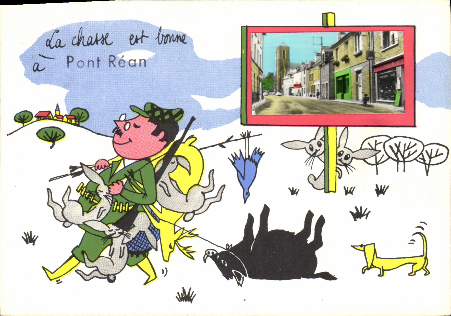 VINTAGE POSTCARD hunting is good has Pont Rean Chasseur Wild boar Dog Rabbits