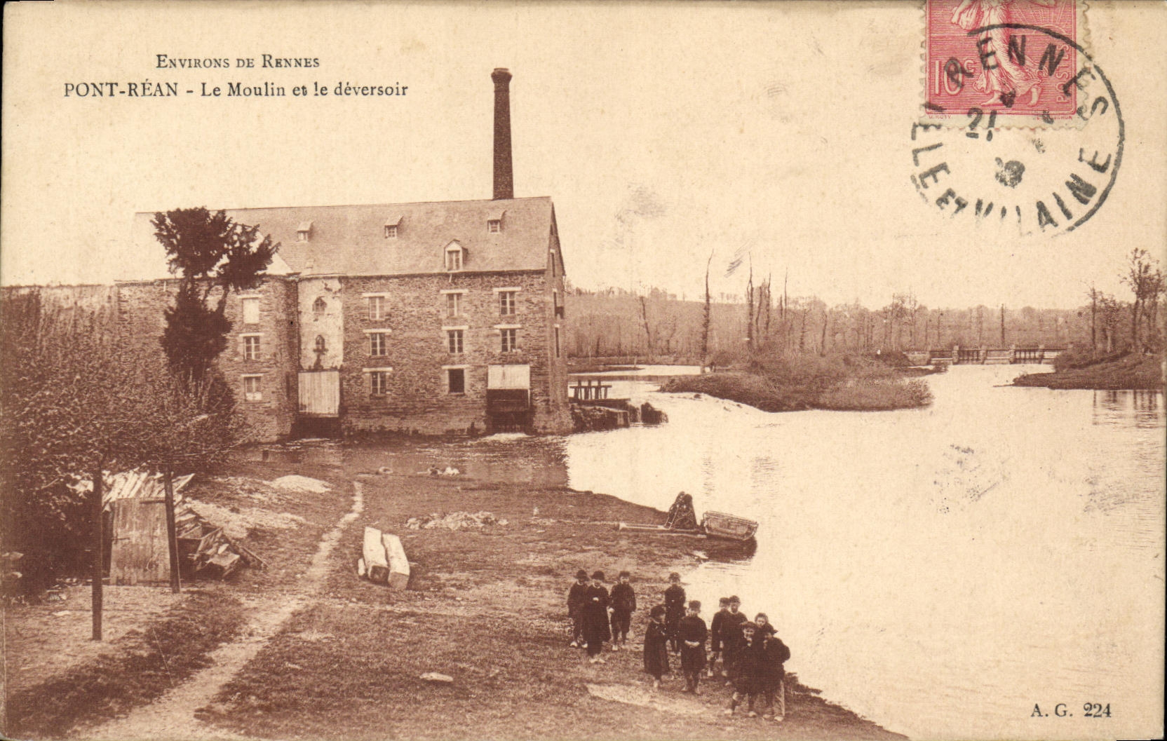 VINTAGE POSTCARD Surroundings of Rennes Rean Bridge the Mill and the Outfall Children