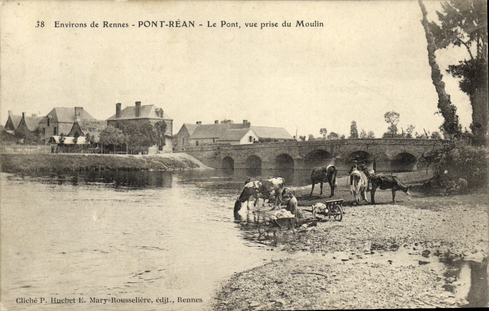 VINTAGE POSTCARD Surroundings of Rennes Rean Bridge the Bridge Seen from of the Mill Cows Washerwoman