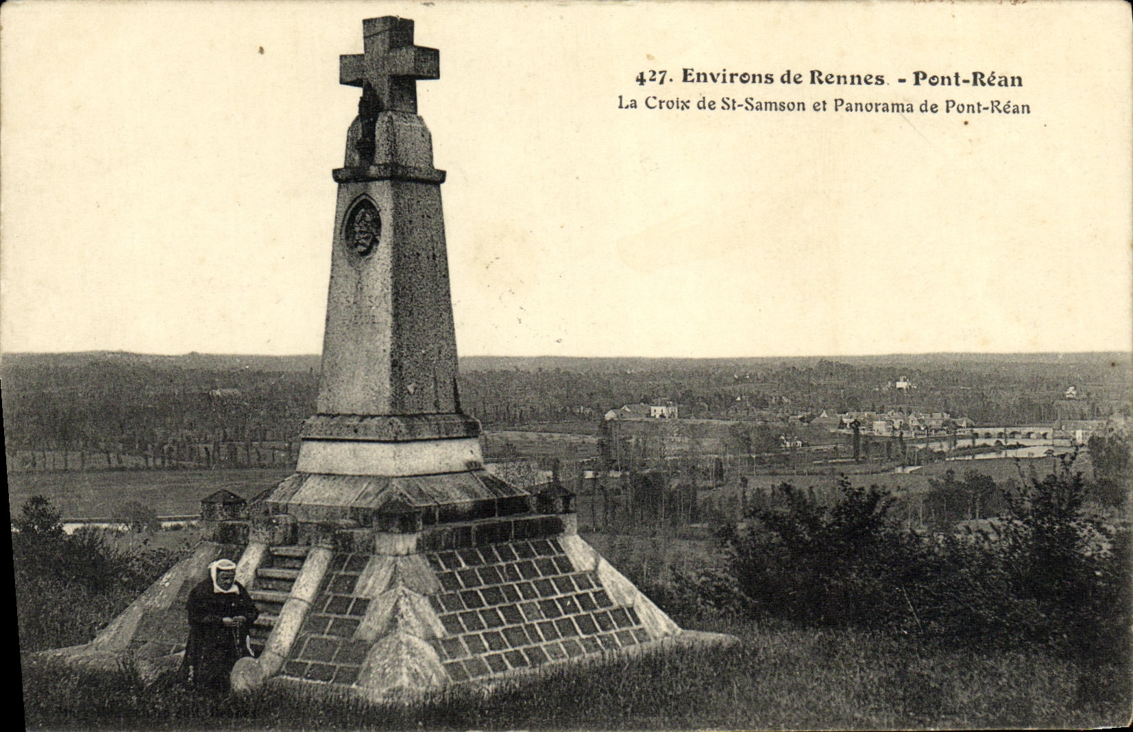 CPA Environs de Rennes Pont Rean La Croix de St Samson et Panorama de Pont Rean Vieille femme