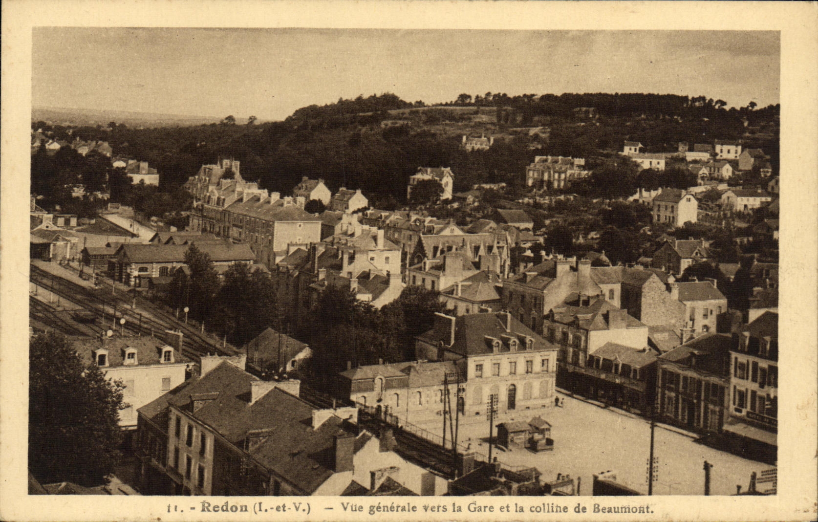 VINTAGE POSTCARD Redon View towards Train station and the Hill of Beaumont