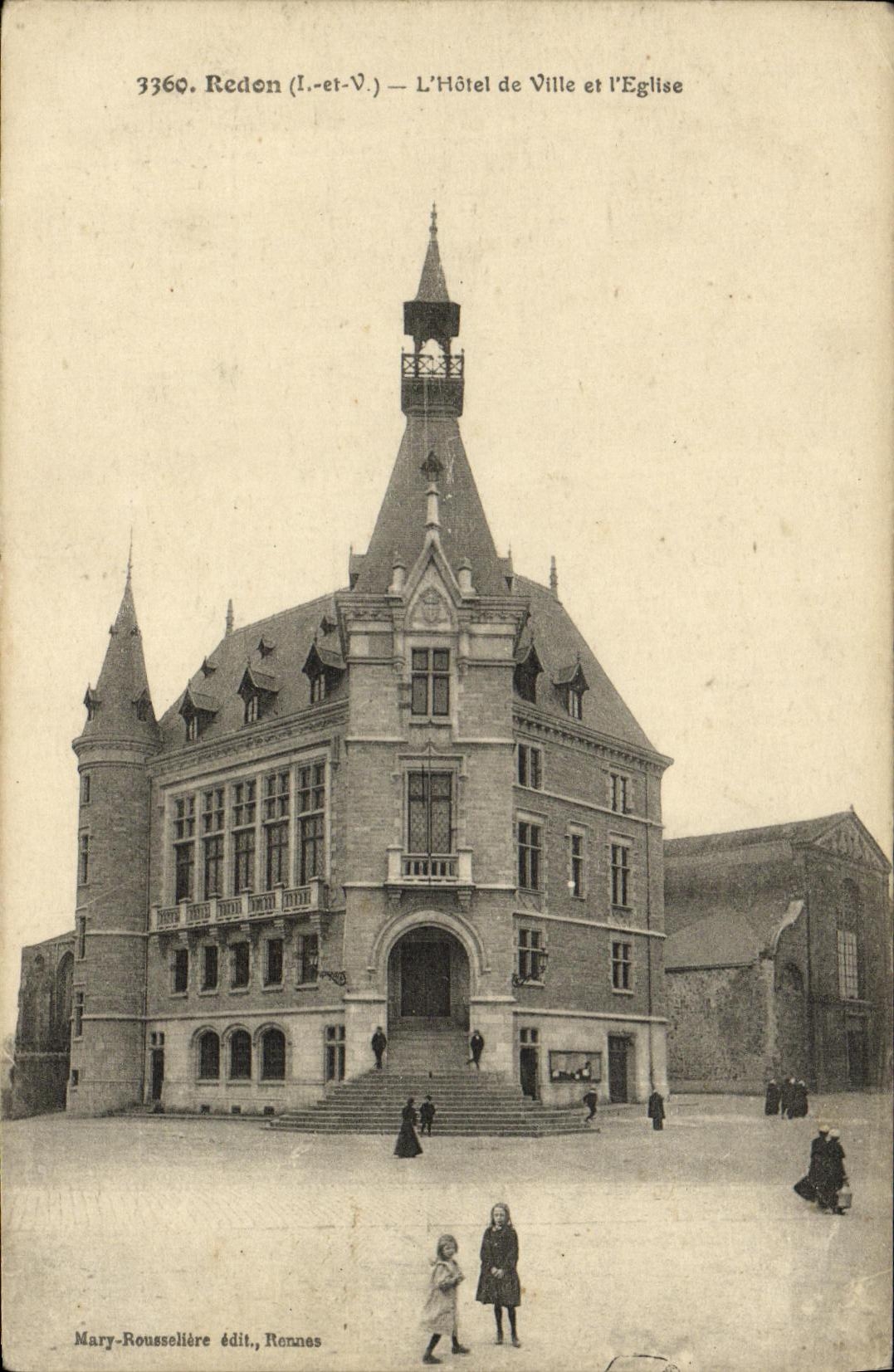 VINTAGE POSTCARD Redon L Town hall and L Church