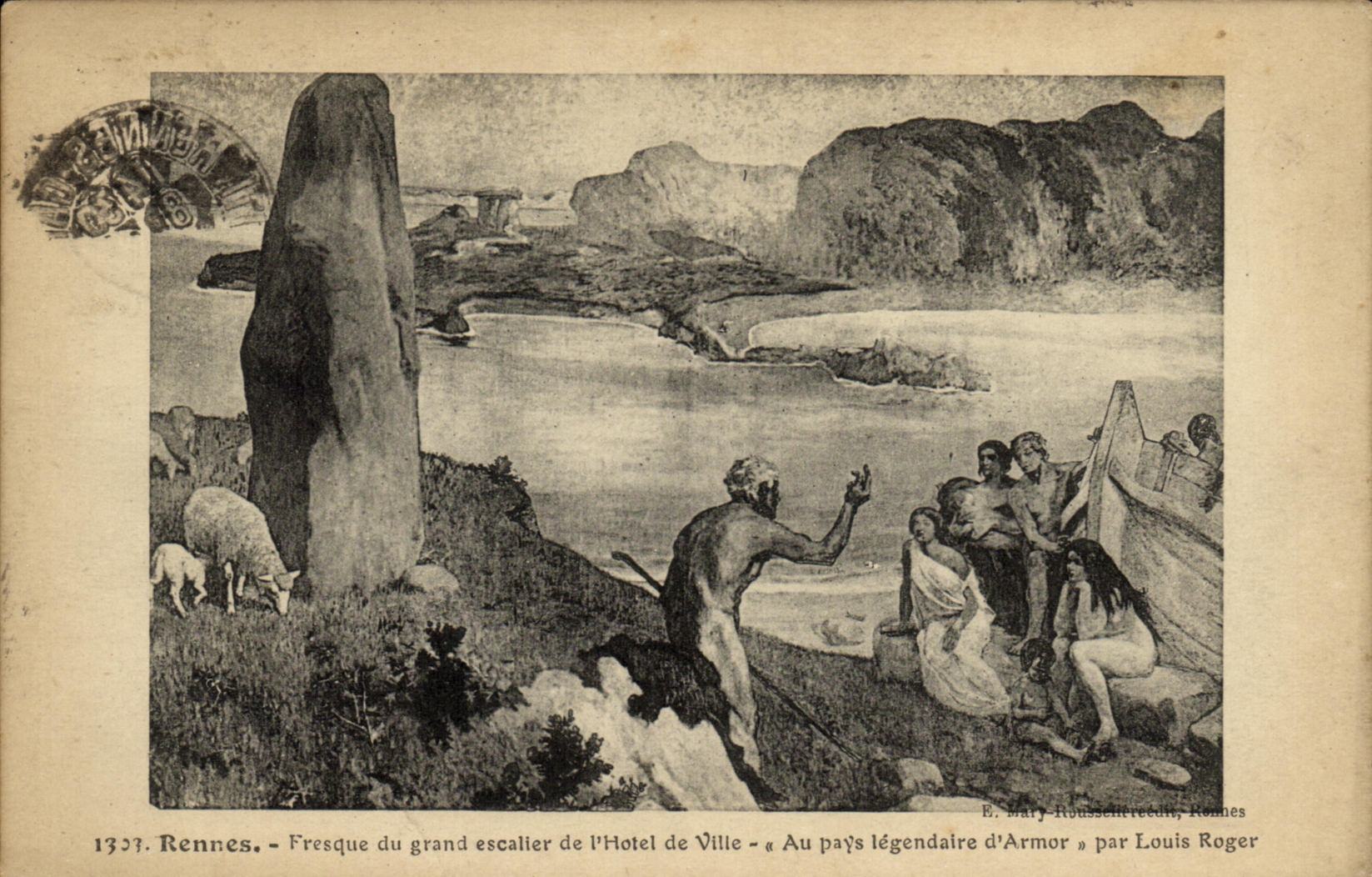 VINTAGE POSTCARD Rennes Fresco of the large Staircase of L Town hall To the legendary country D Armor by Louis Roger