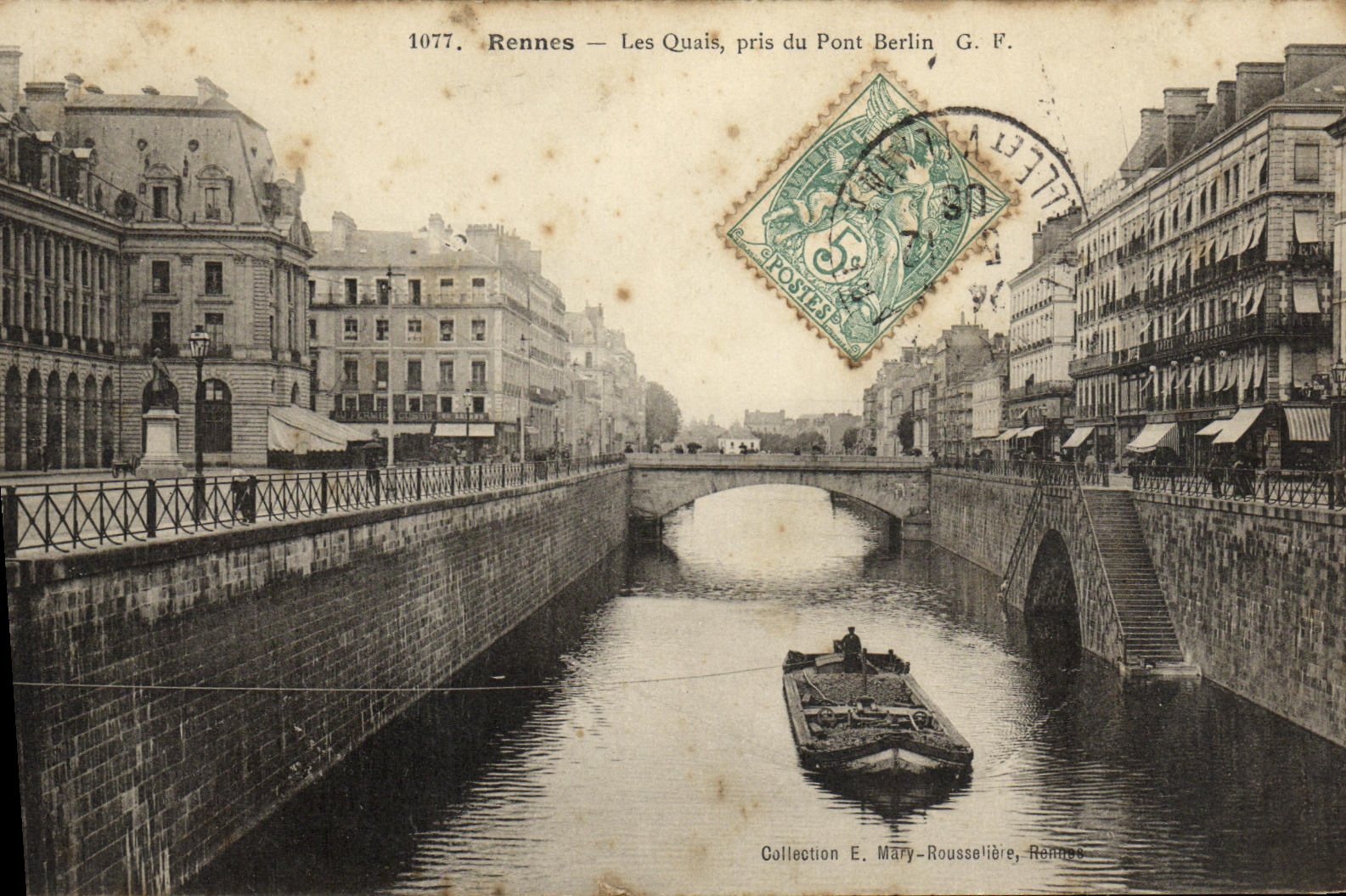VINTAGE POSTCARD Rennes Quays taken of the Bridge Berlin Barge Boat