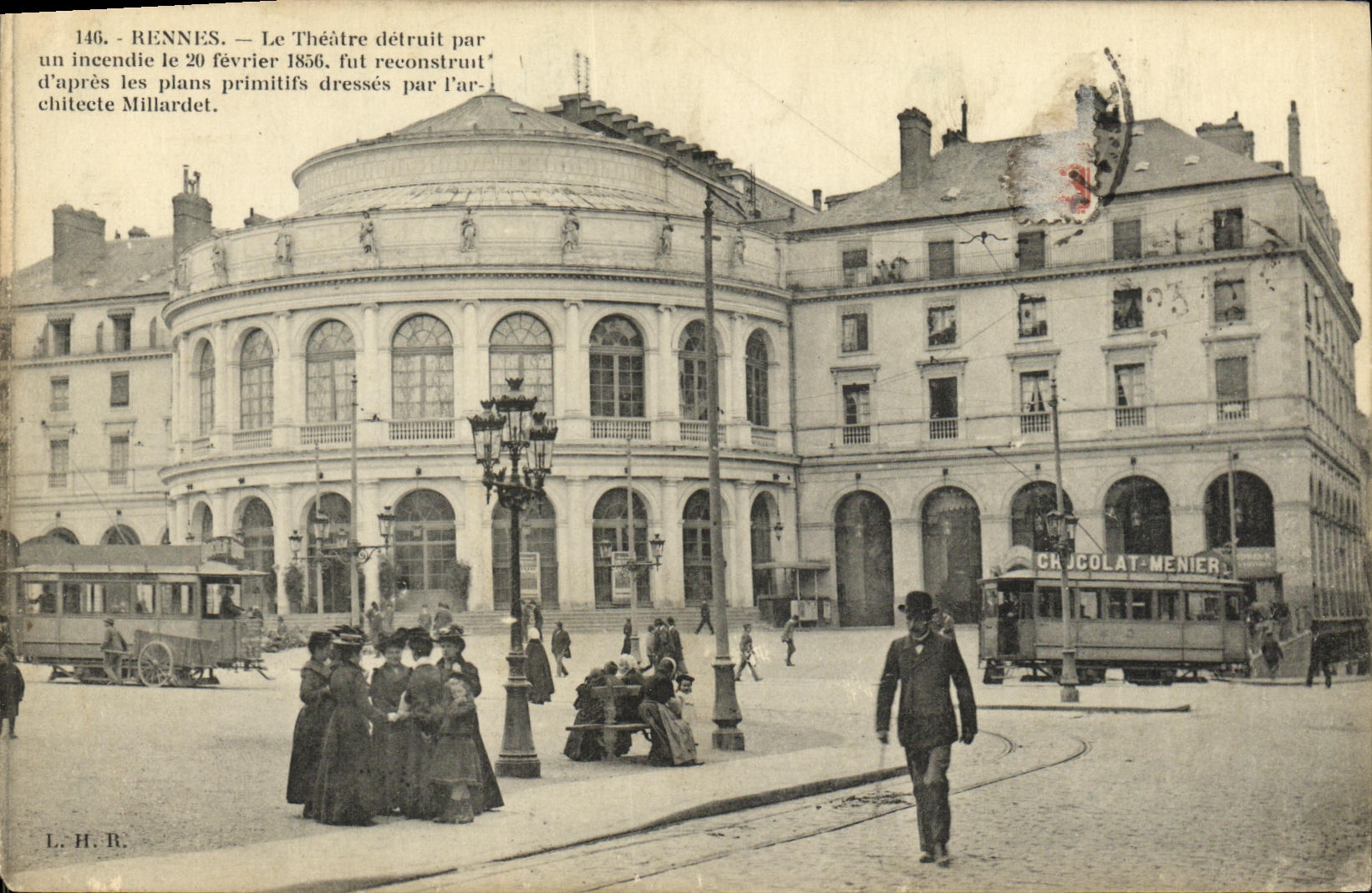 VINTAGE POSTCARD Rennes the Theater destroyed by a fire on February 20th  1856 Tram Menier chocolate