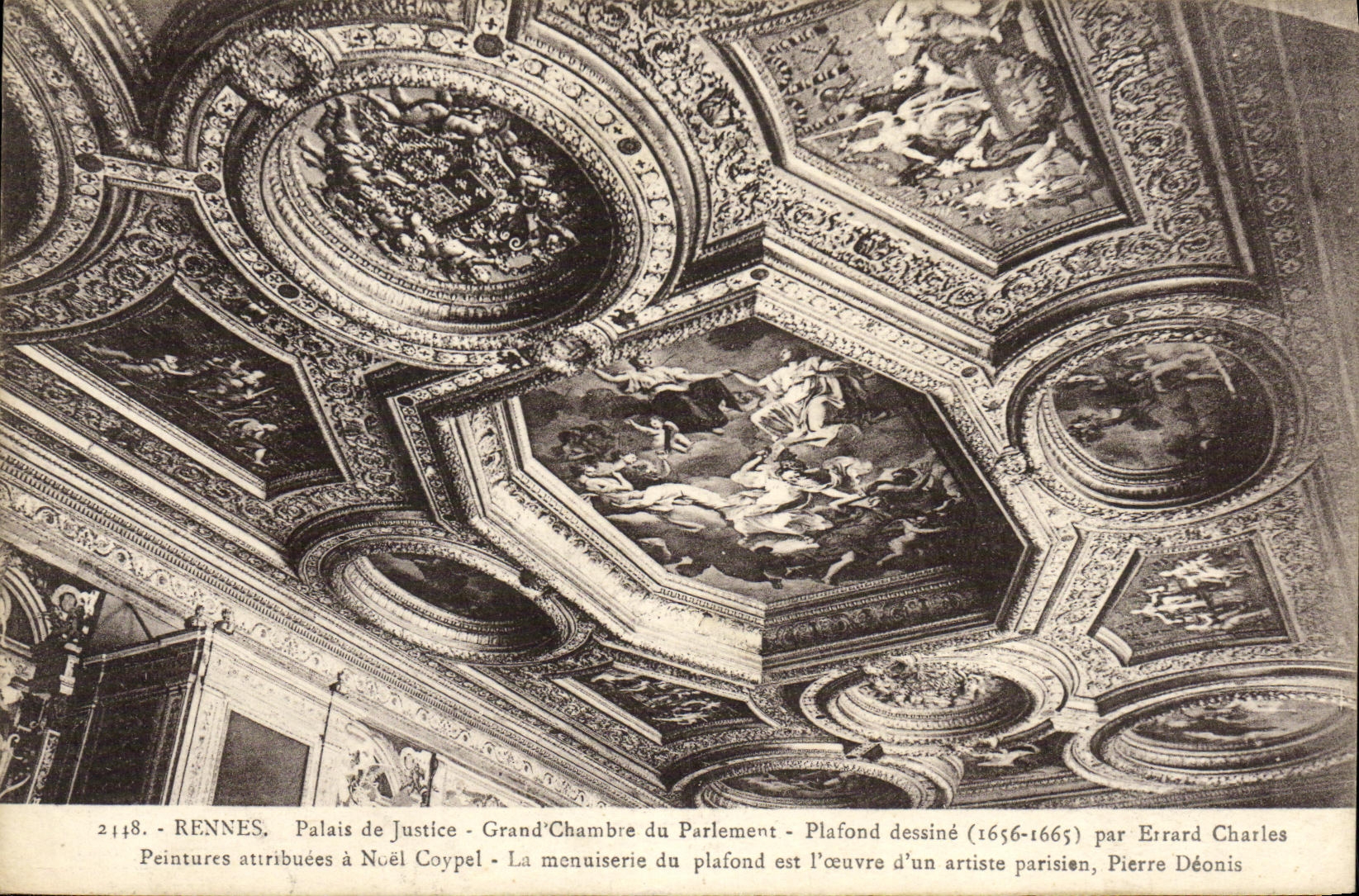 VINTAGE POSTCARD Rennes Large Law courts Room of the Parliament Ceiling draws by Errard Charles