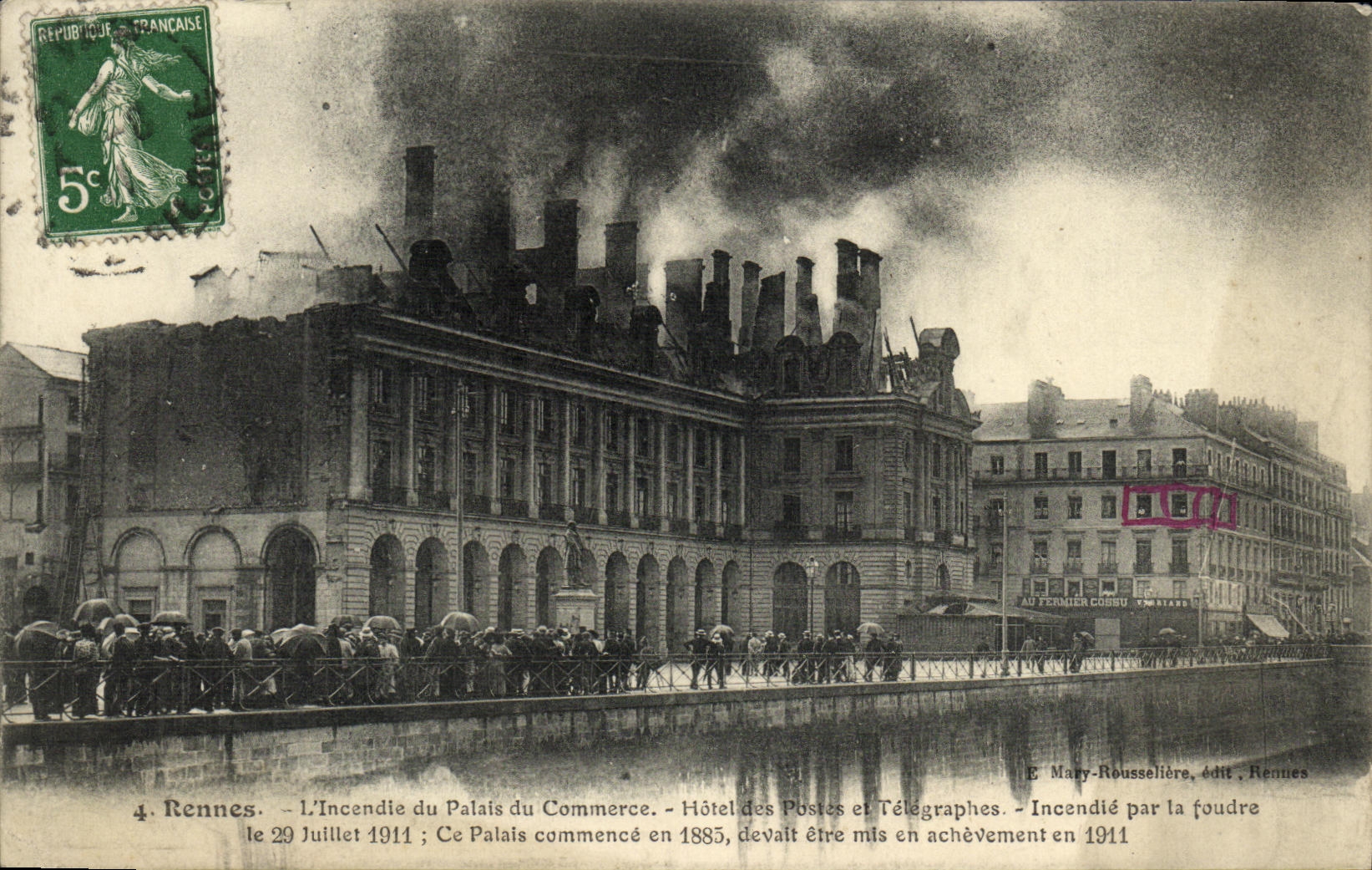 VINTAGE POSTCARD Rennes Sets fire to palate the commercial Post office building and Telegraphes Sets fire to by the lightning