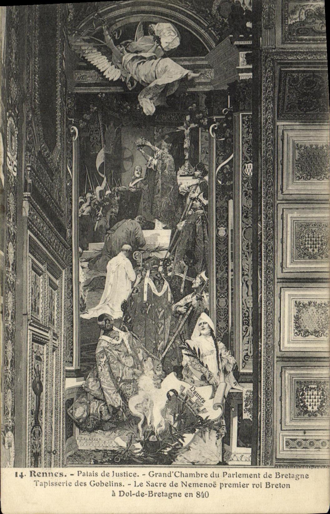 VINTAGE POSTCARD Rennes Large Law courts Room of the Parliament of Brittany Tapestry of the Goblins the Sacring of Nemenoe