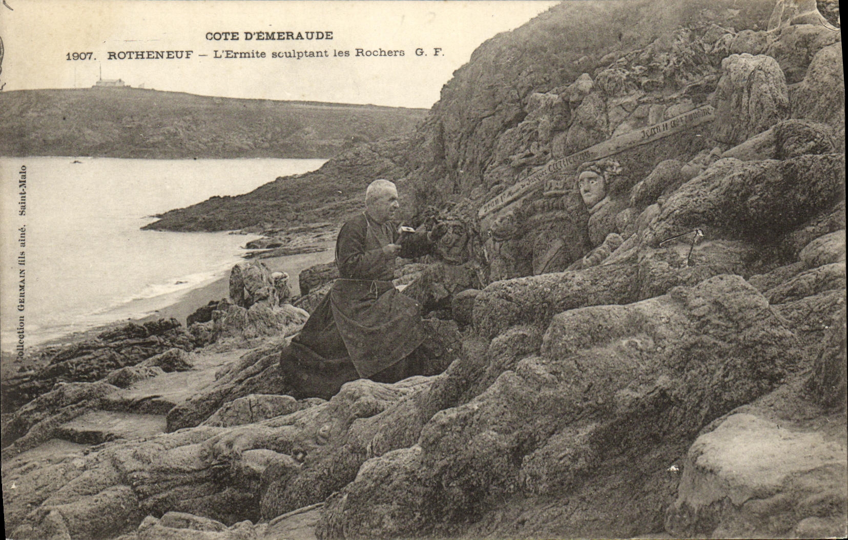 VINTAGE POSTCARD Rotheneuf L Hermit carving the Rocks