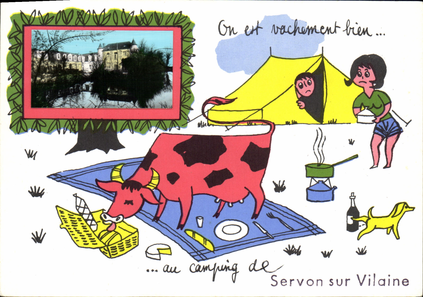 POSTAL MODERNA Servon en sitio para acampar desagradable del perro de la vaca