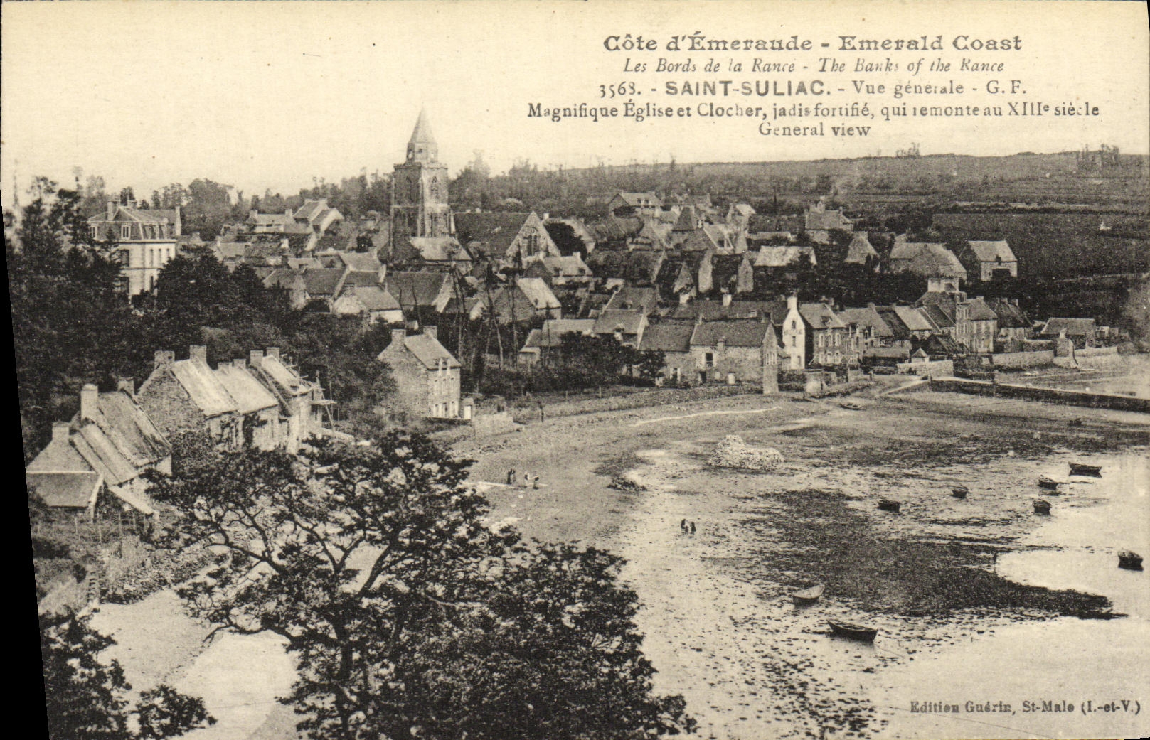 Iglesia y campana torre santas de la opinion de Suliac de la POSTAL de la VENDIMIA