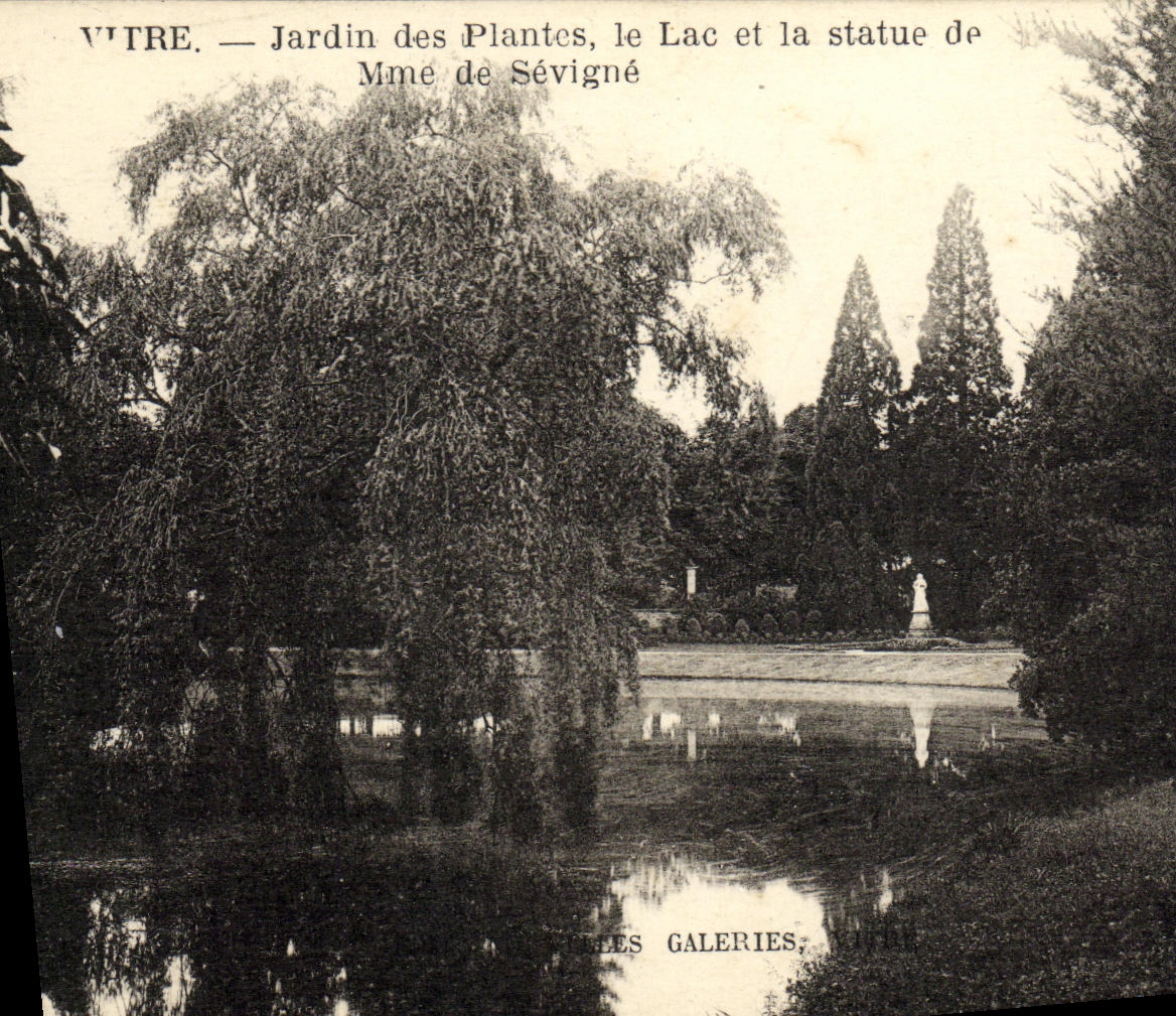 Jardin botanico del cristal de la POSTAL de la VENDIMIA el lago y estatua de senora de Sevigne