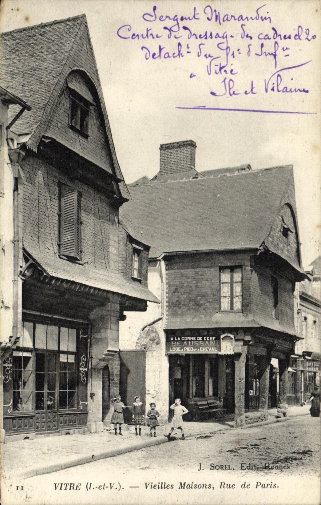 VINTAGE POSTCARD Pane Old women Houses Street of Paris Children To the horn of Beaussant Stag