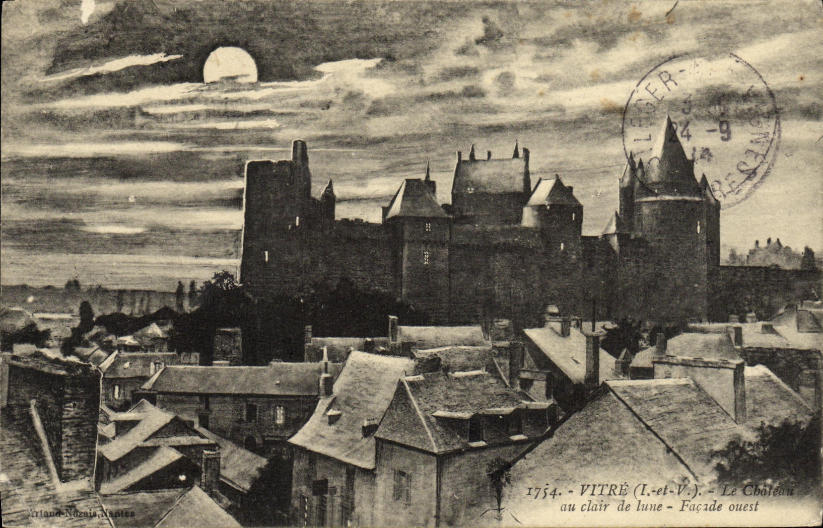 Cristal de la POSTAL de la VENDIMIA el castillo con el ataque frontal occidental del claro de luna