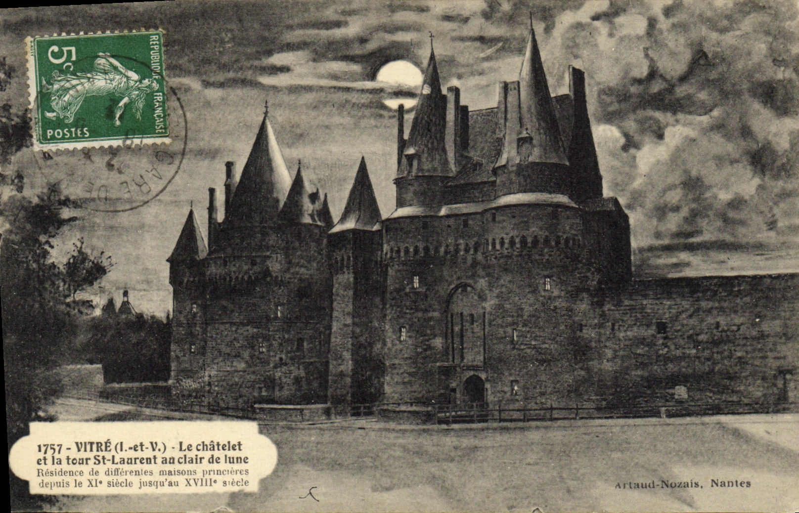 Cristal Chatelet de la POSTAL de la VENDIMIA y la torre St Laurent con el claro de luna