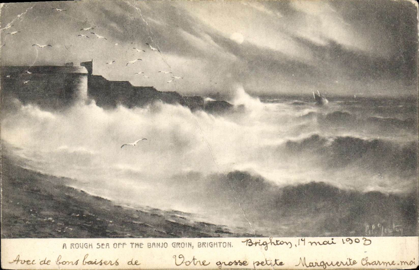VINTAGE POSTCARD Rough Sea The Banjo Brighton Face mask has off