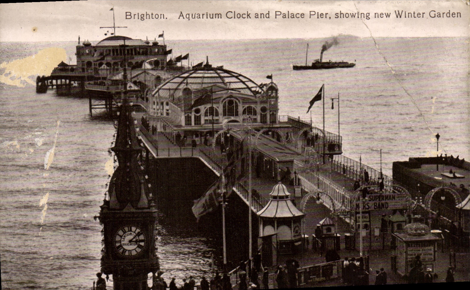 CPA Brighton Aquarium Clock and Palace Pier showing new Winter Garden