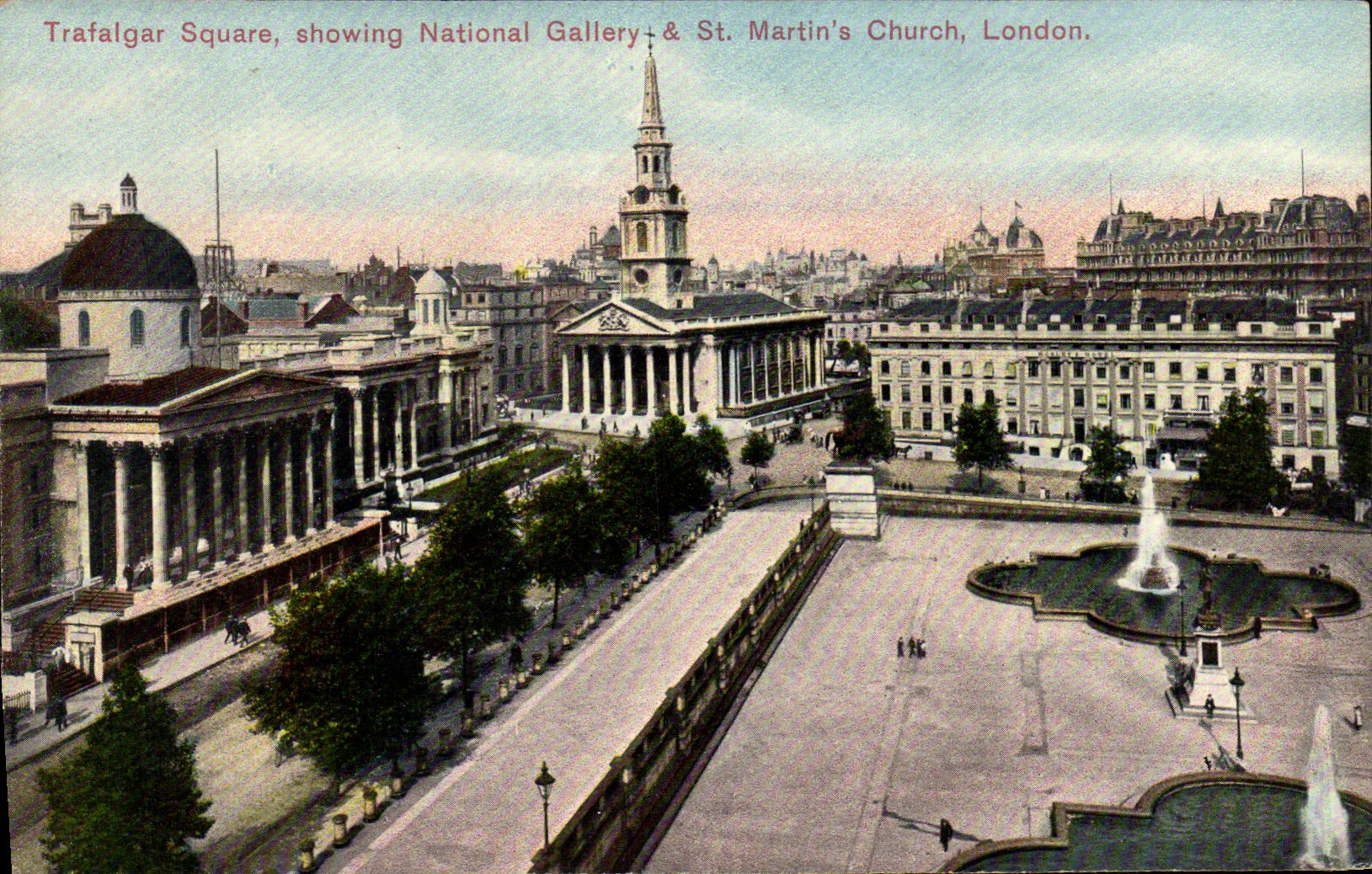 VINTAGE POSTCARD Trallagar Public garden showing National Gallery St Martin S Cathedral London