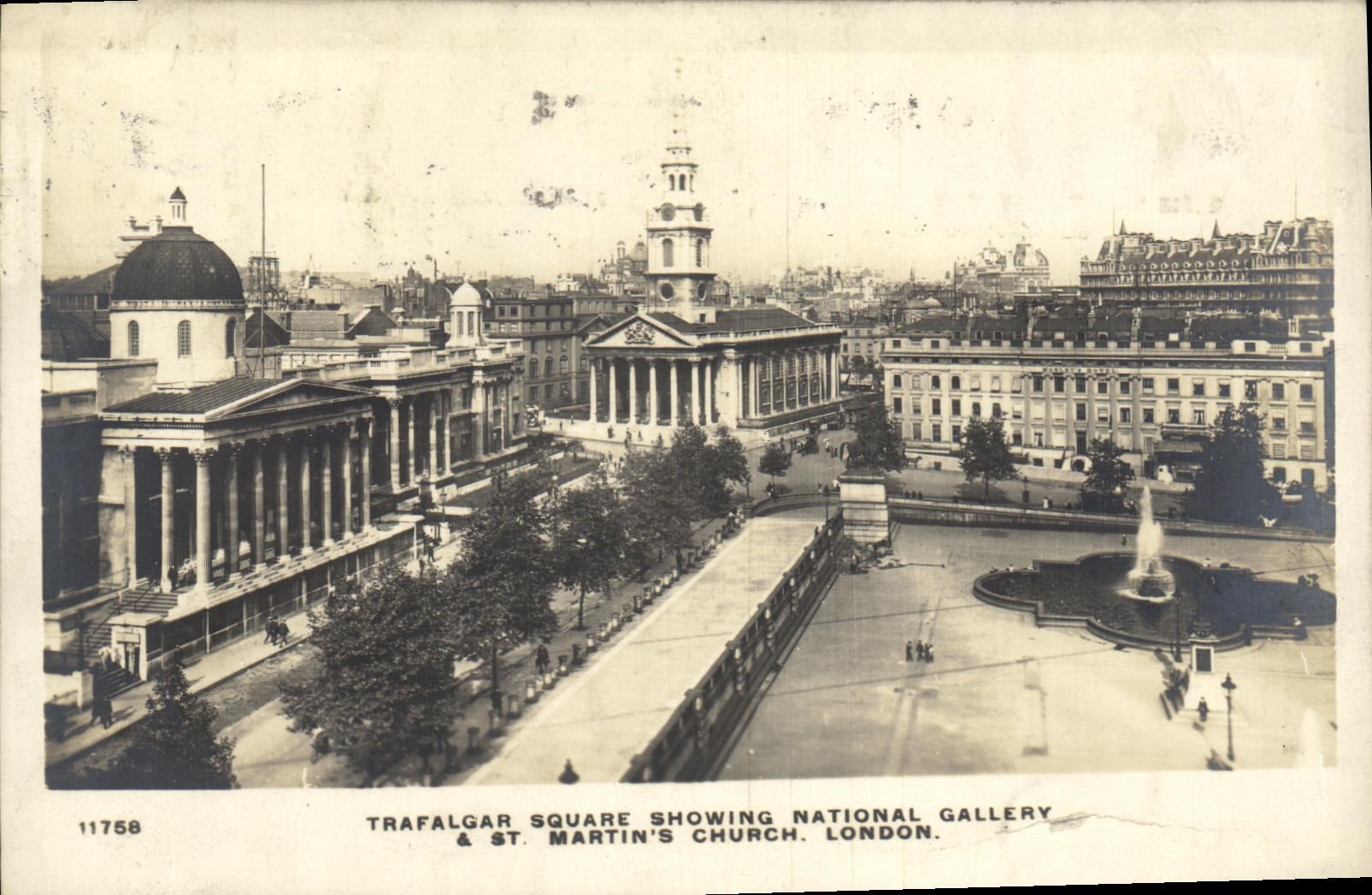 VINTAGE POSTCARD Trafalgar Public garden Showing National Gallery St Martin S Church London
