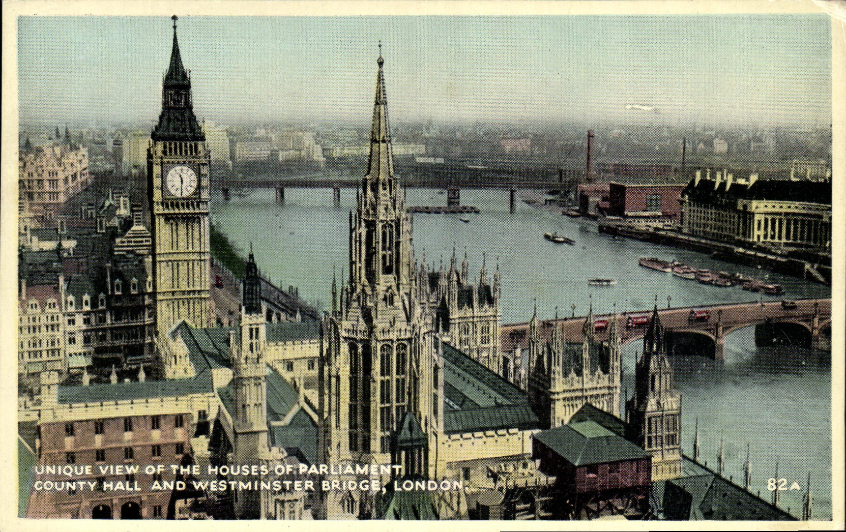 VINTAGE POSTCARD London Unique View off The Houses off Parliament County Hall and Westminster Bridge