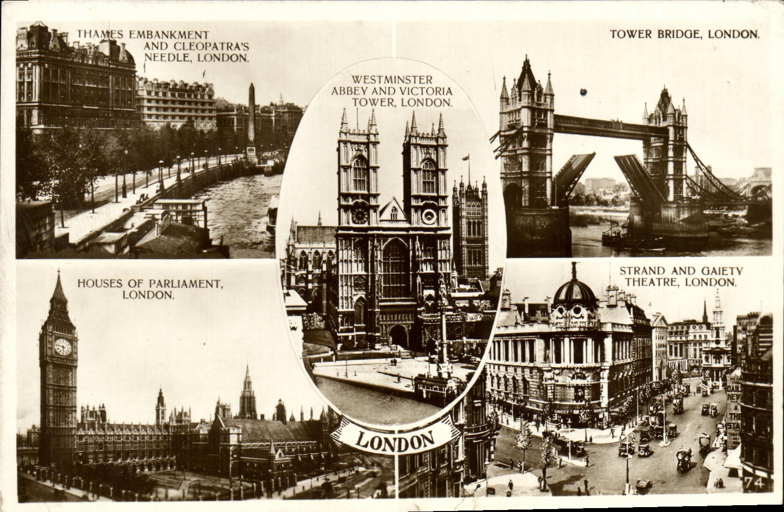 VINTAGE POSTCARD London Tower Bridge Houses off Parliament Strand and Gaiety Theater