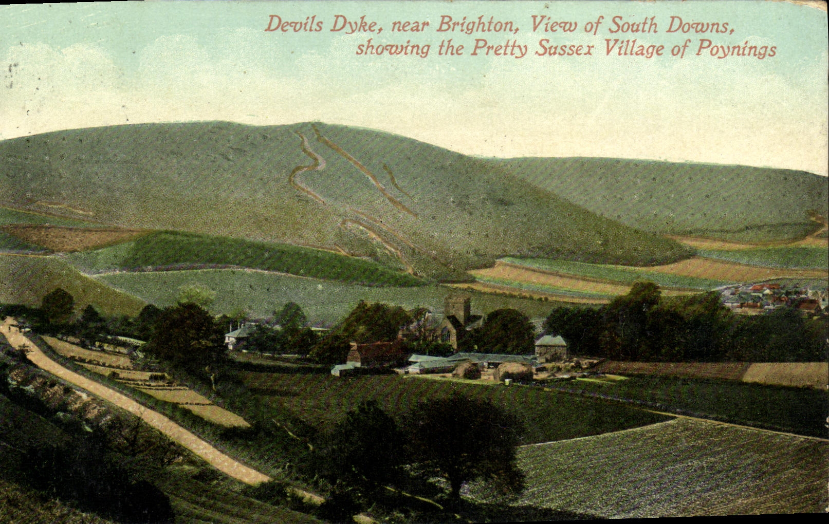 CPA Devils Dyke near Brighton View of South Downs showing the pretty Sussex village of Poynings