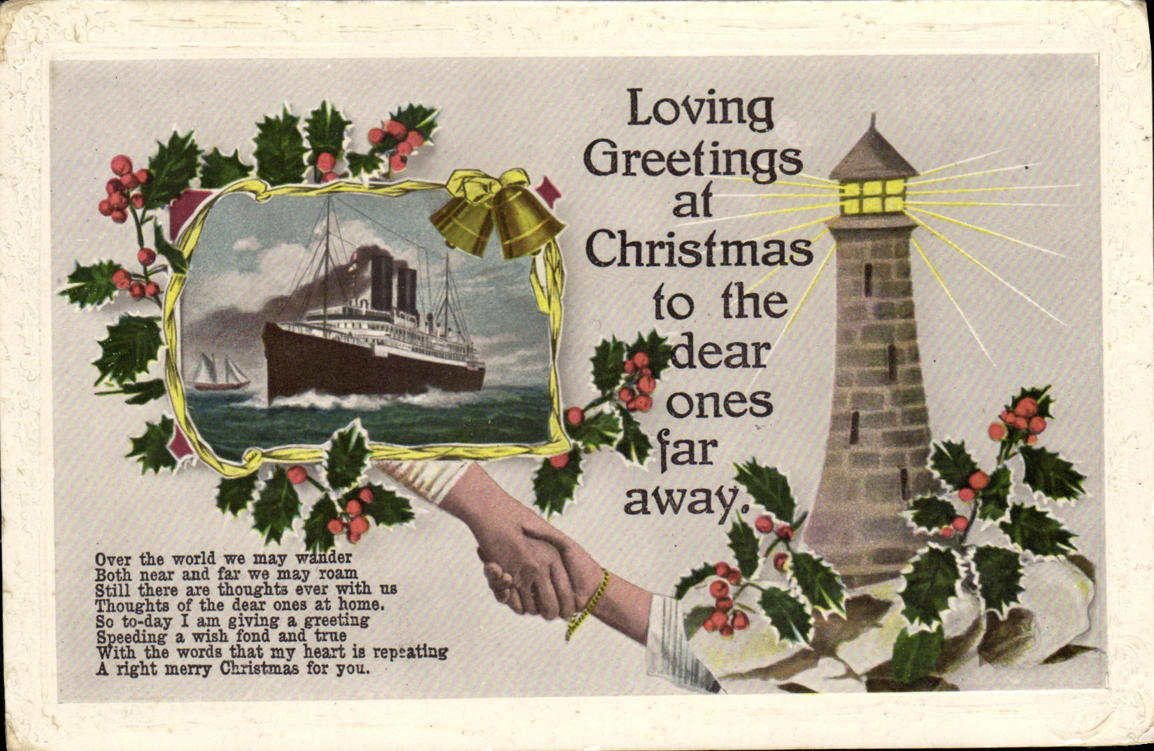 VINTAGE POSTCARD Loving Greetings At Christmas to The Dear Ones Far Away headlight Boat Steamer