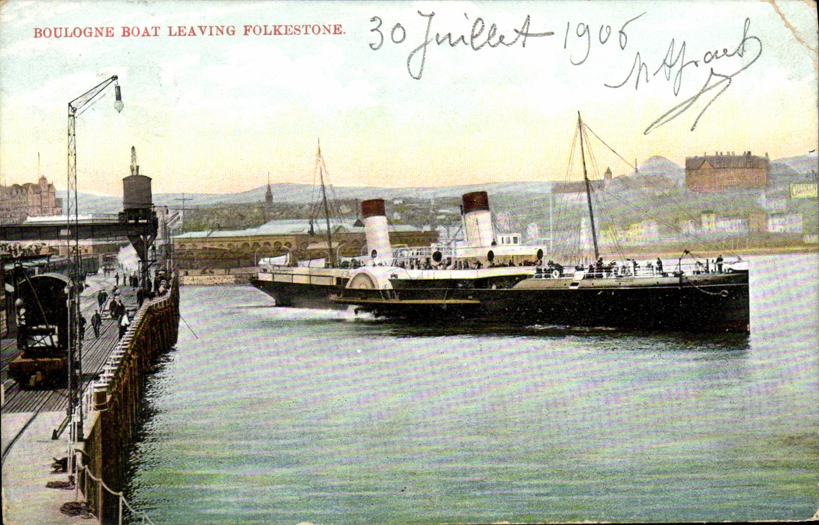VINTAGE POSTCARD Boulogne Boat Leaving Folkestone Boat Train