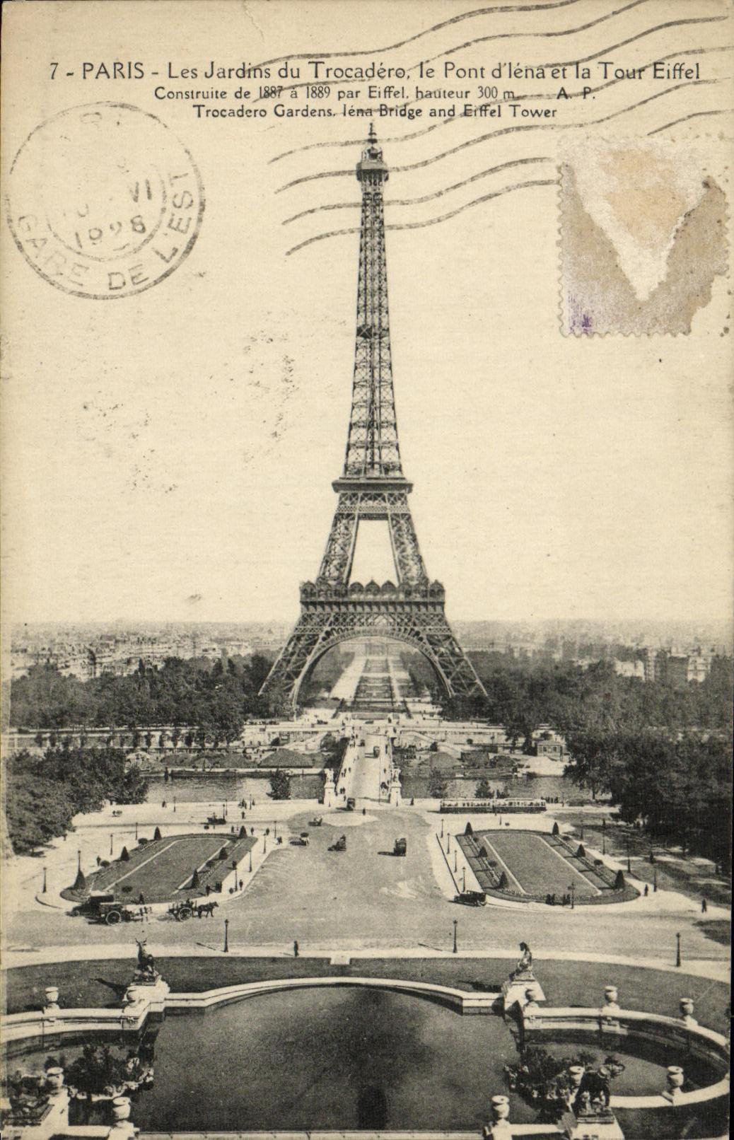 VINTAGE POSTCARD Paris Gardens of Trocadero the Bridge D lena and the Eiffel Tower