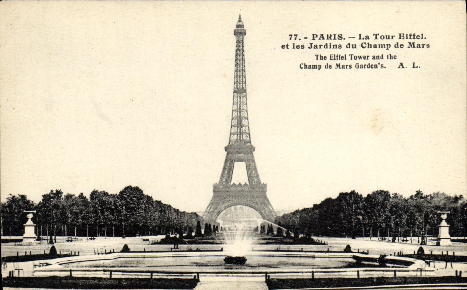 VINTAGE POSTCARD Paris the Eiffel Tower and gardens of the Champ de Mars