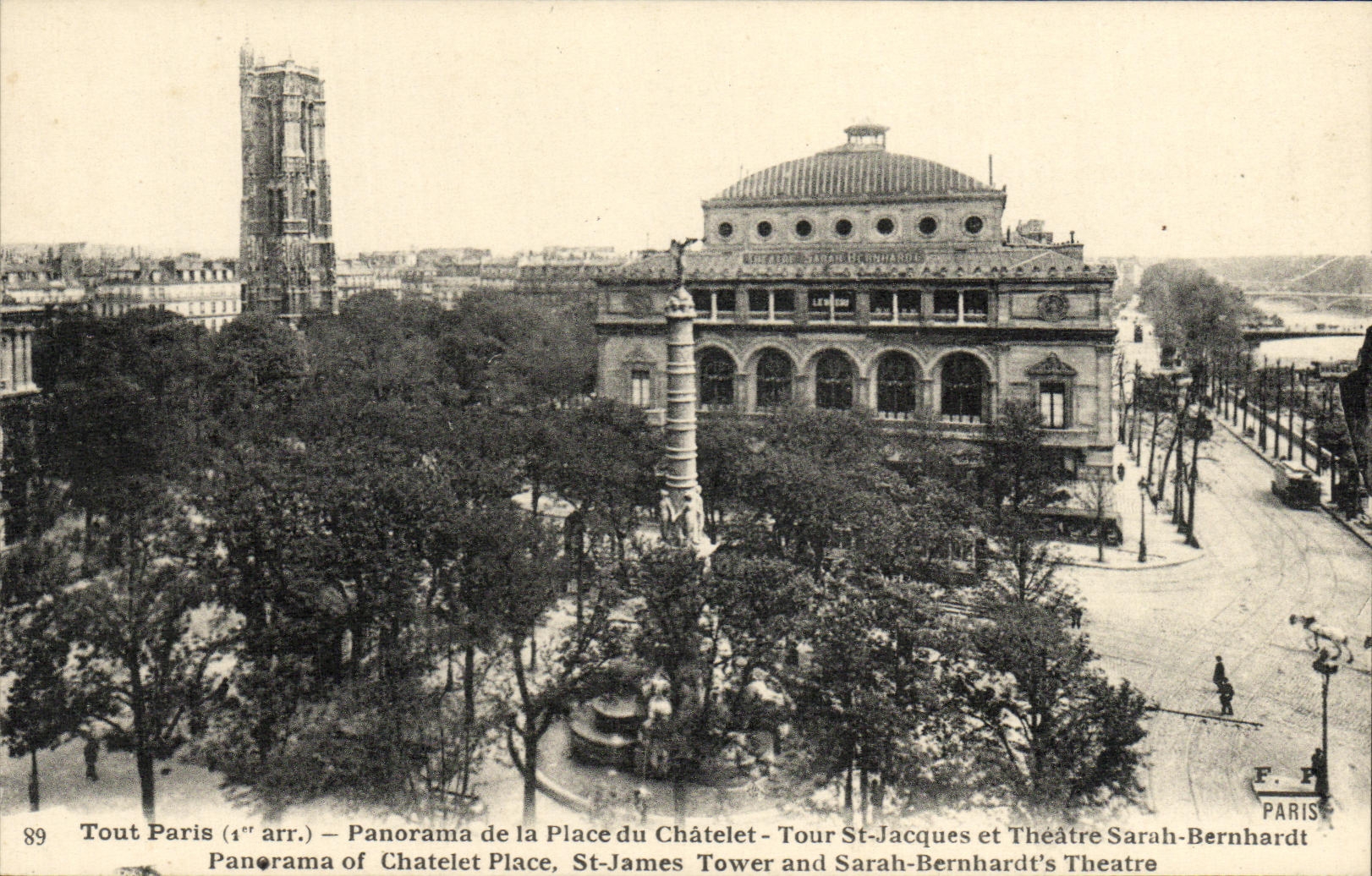 CPA Paris Panorama de la Place du Chatelet Tour Saint Jacques et Theatre Sarah Bernhardt