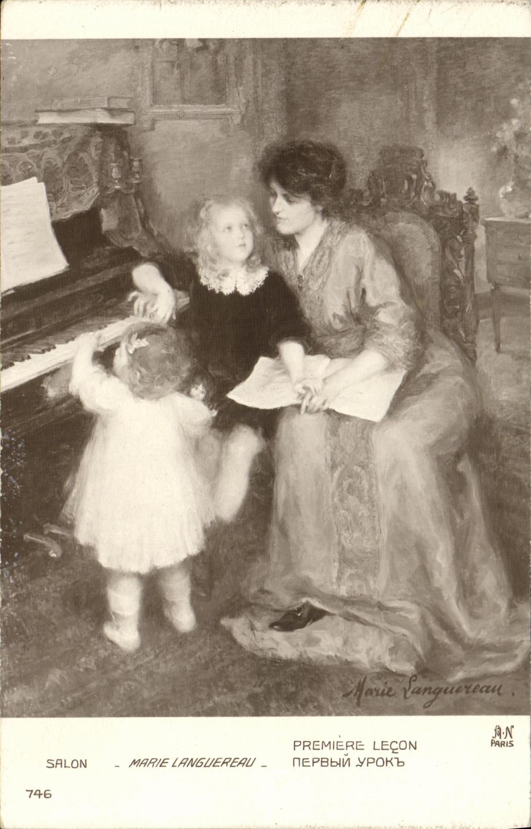 VINTAGE POSTCARD Living room Marie Languereau First lesson Piano