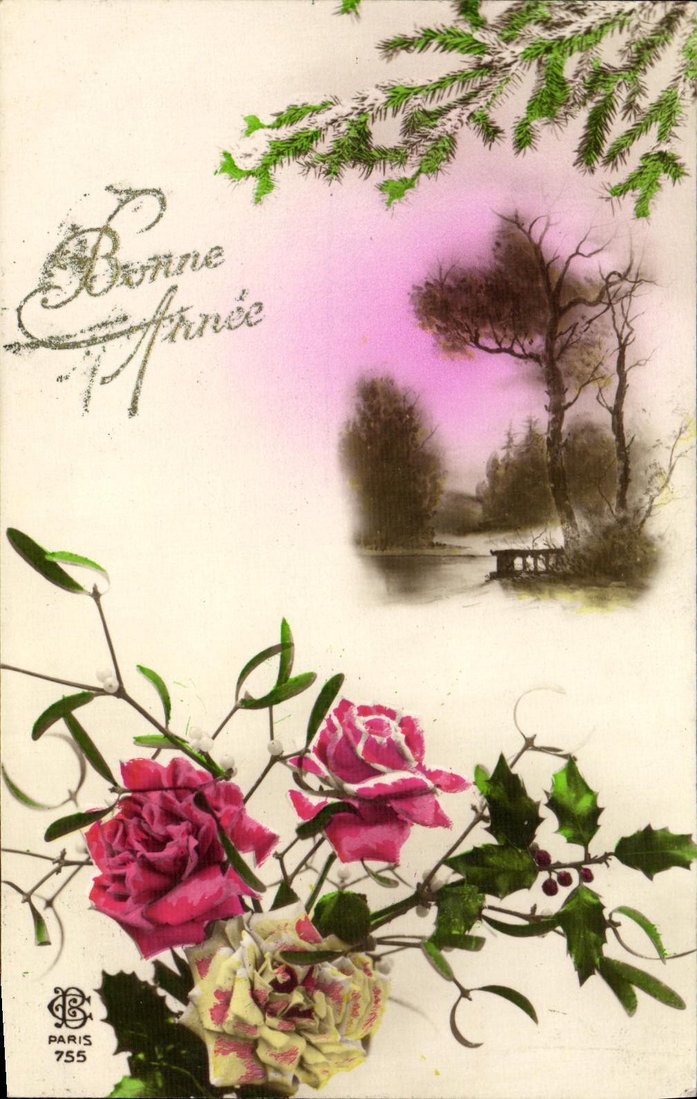 CPA Bonne Annee Fleurs Roses