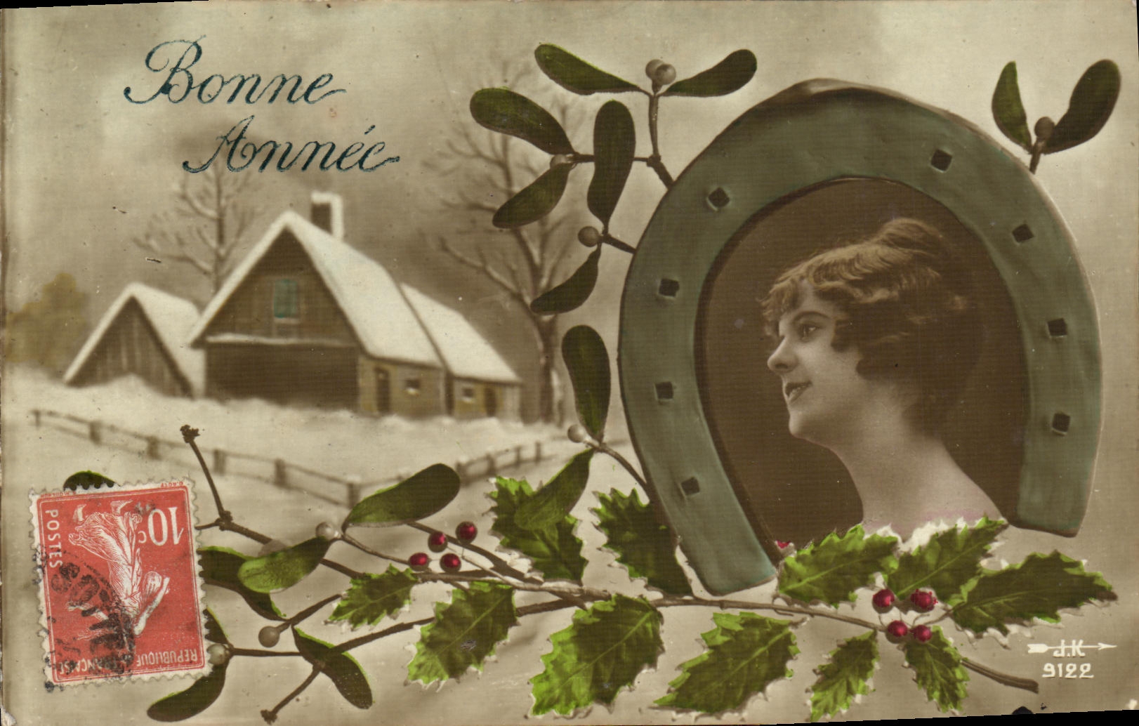 CPA Bonne Annee Femme Fer a Cheval