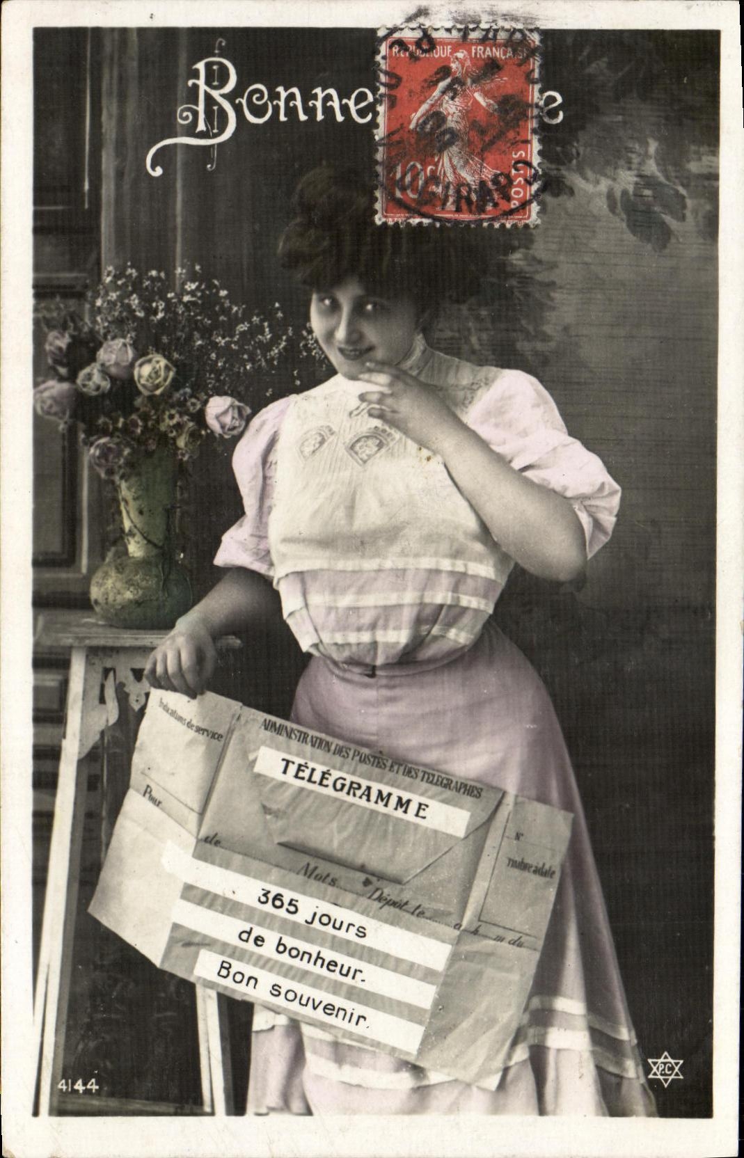 VINTAGE POSTCARD Happy New Year Woman Telegram