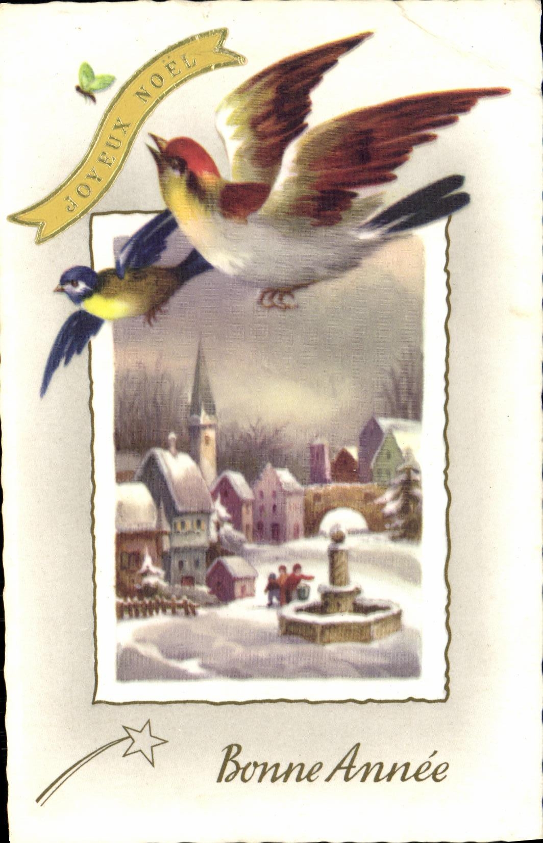 VINTAGE POSTCARD Happy New Year Christmas bird