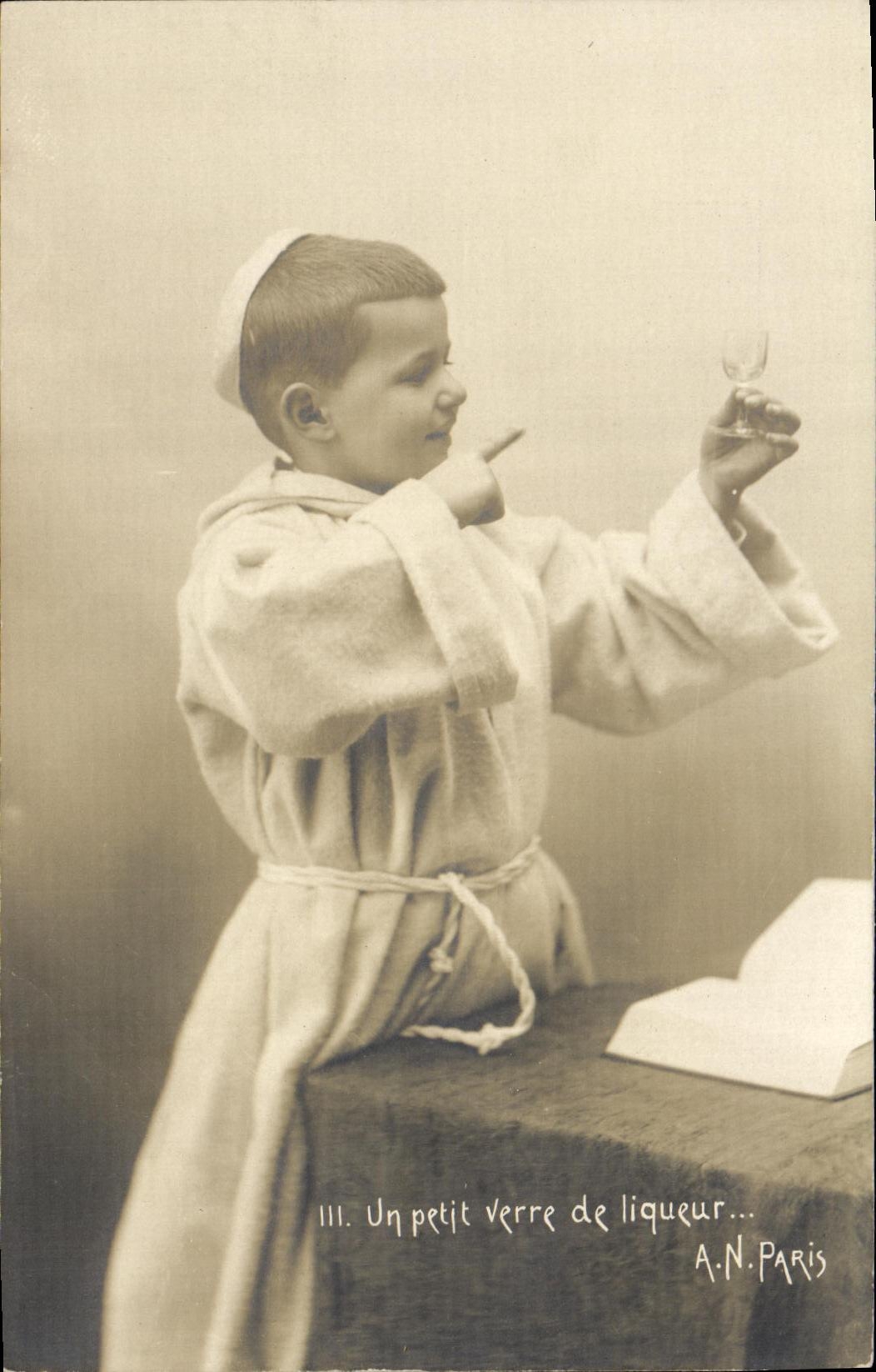 VINTAGE POSTCARD small liquor Glass Child Monk