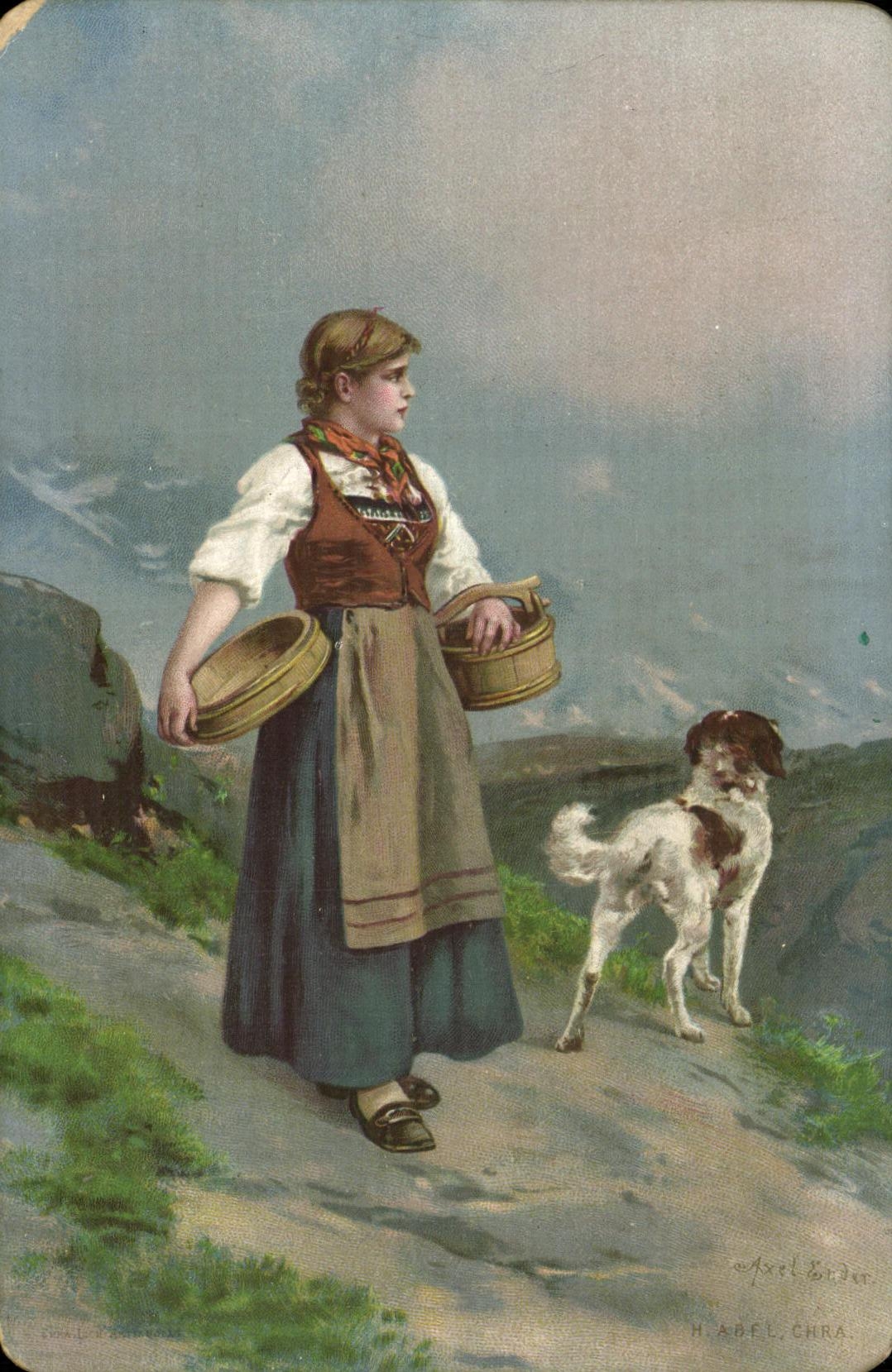 VINTAGE POSTCARD Woman and dog Folklore