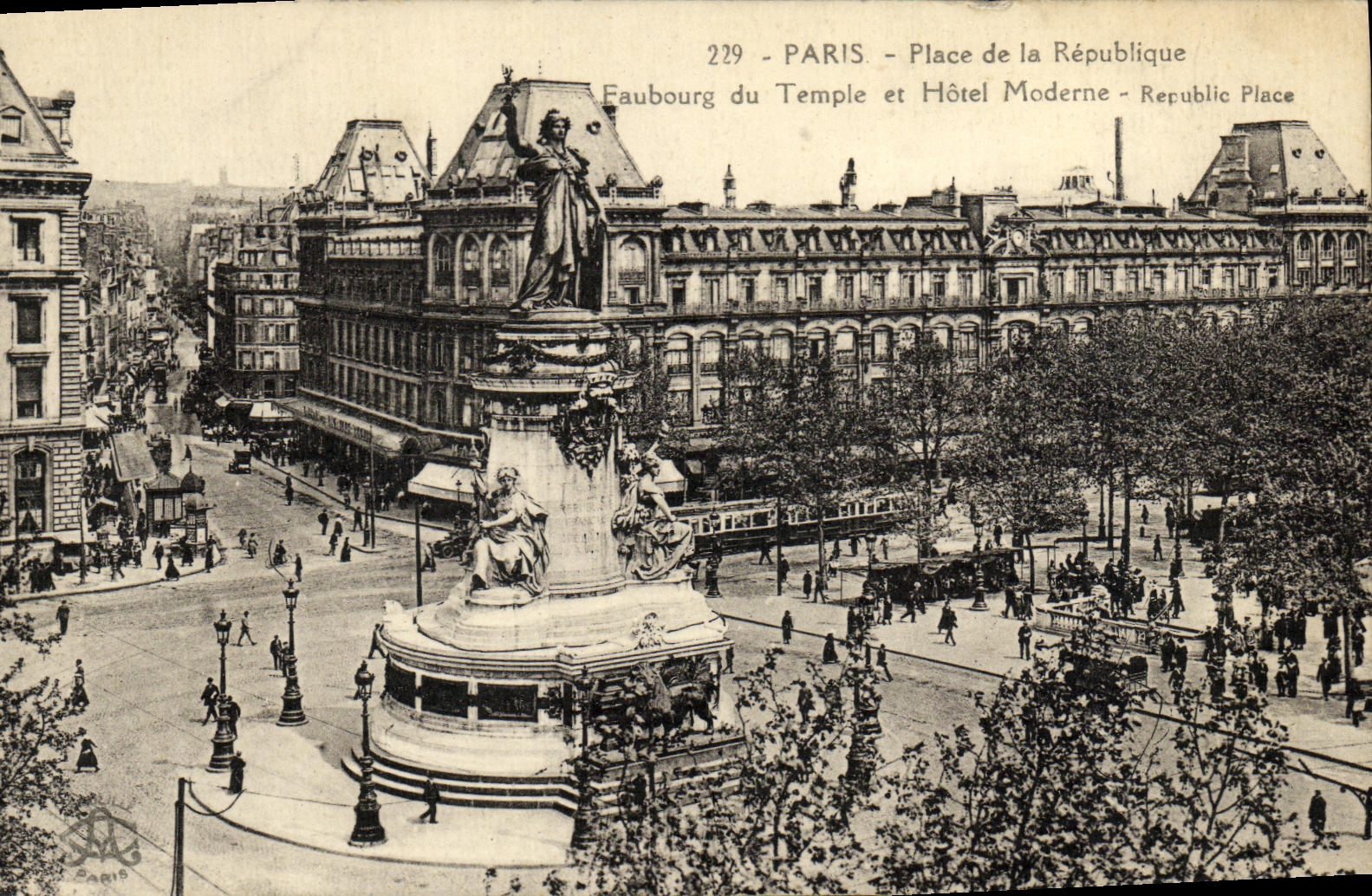 VINTAGE POSTCARD Paris Places Republic Suburb of the Temple and Modern Hotel Republic Place