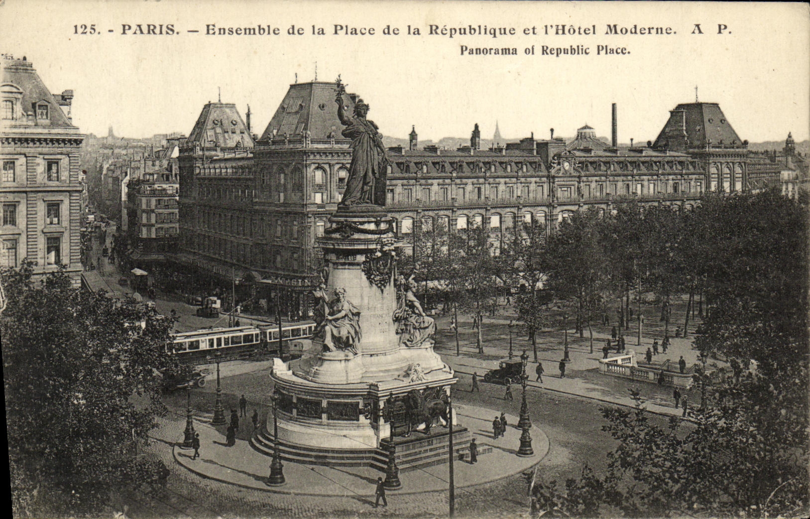 VINTAGE POSTCARD Paris Together of the Place of the Republic and L Hotel Modern